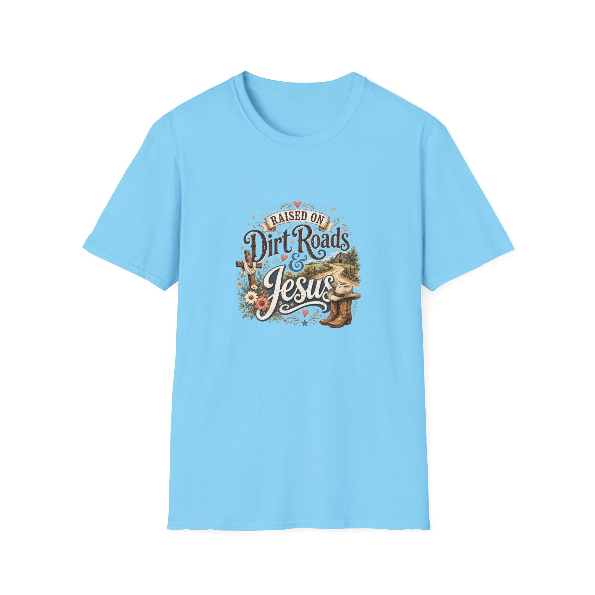 Raised on Dirt Roads & Jesus T-Shirt — Rustic Christian Gift for Women Faith Tee