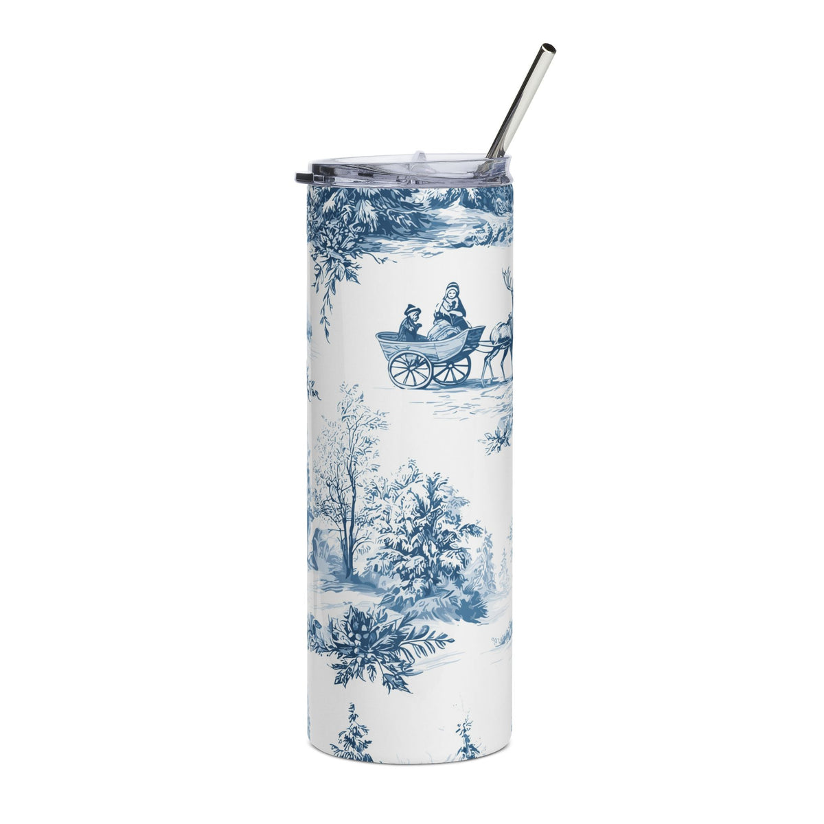 20oz Winter Cottage Stainless Steel Tumbler Blue Toile Snowy Pines Travel Cup