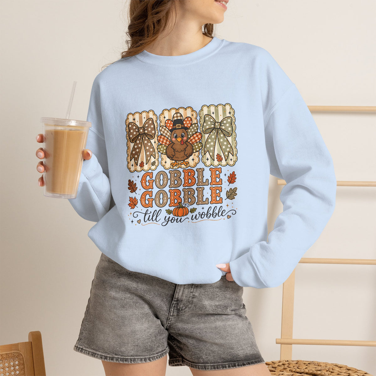 Thanksgiving Crewneck Sweatshirt — "Gobble Gobble 'til You Wobble" Turkey Design