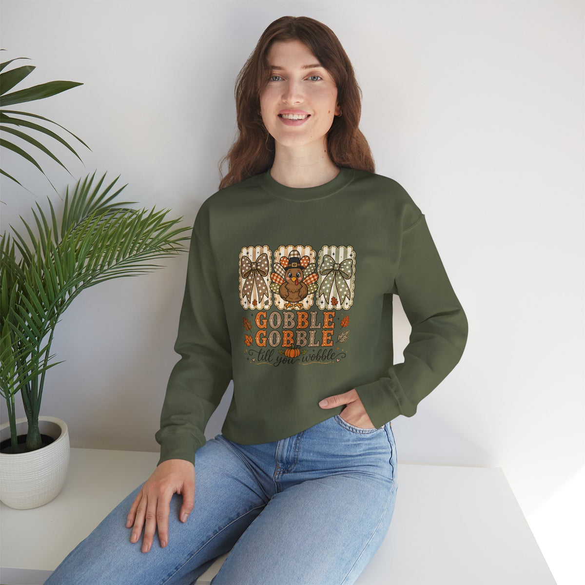 Thanksgiving Crewneck Sweatshirt — "Gobble Gobble 'til You Wobble" Turkey Design