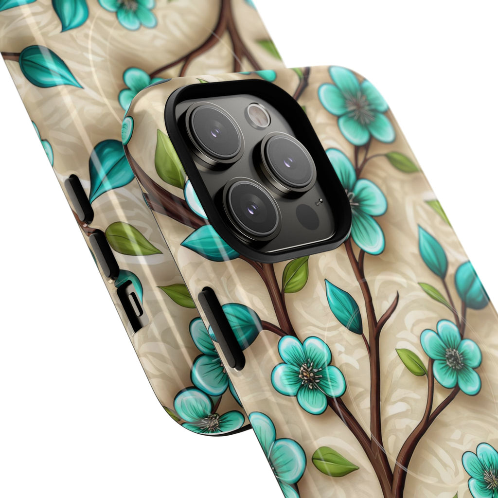 Floral Teal Blossom Tough Magnetic iPhone Case — MagSafe Protective Cover