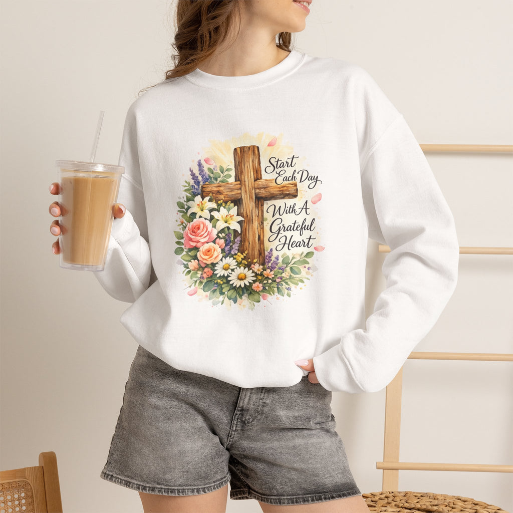Christian Crewneck Sweatshirt — "Start Each Day with a Grateful Heart" Floral Cross