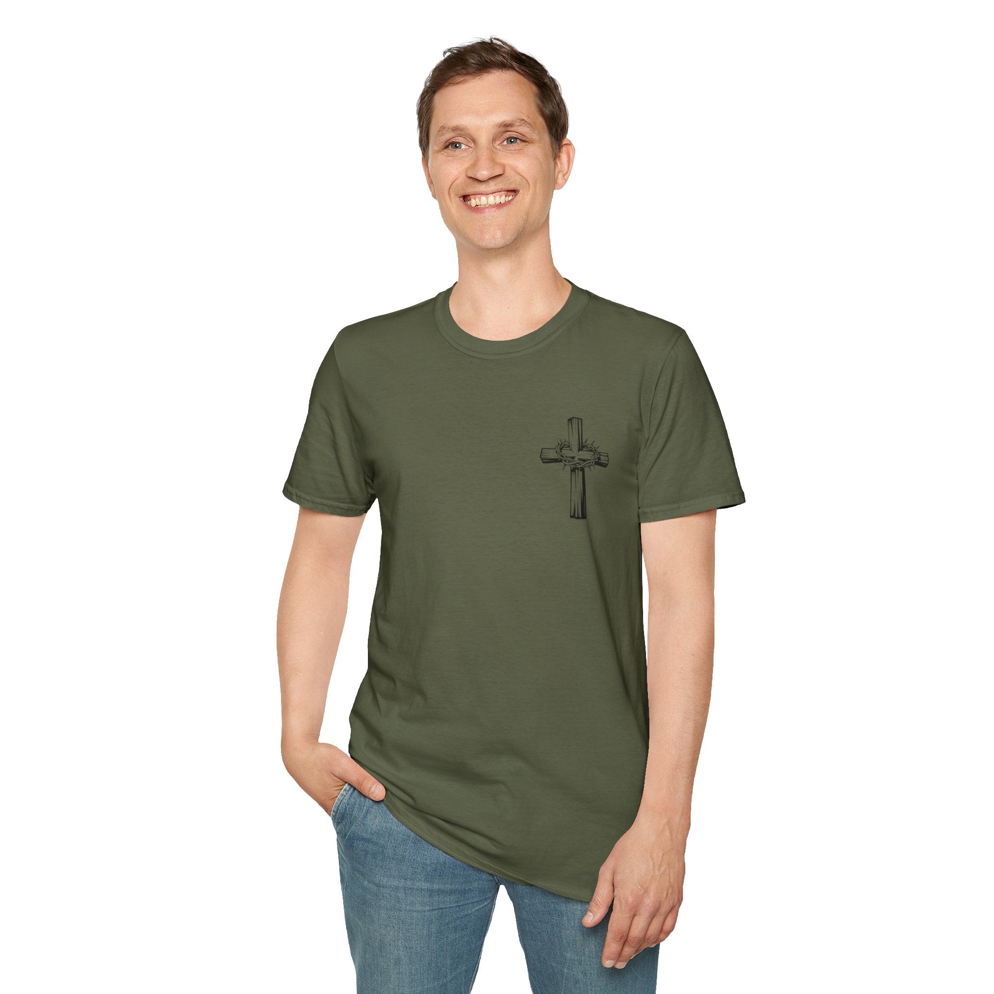 Cross Lion and Jesus Back Print T-Shirt — Wood Cross Chest Christian Faith Graphic