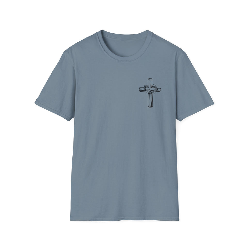 Cross Lion and Jesus Back Print T-Shirt — Wood Cross Chest Christian Faith Graphic