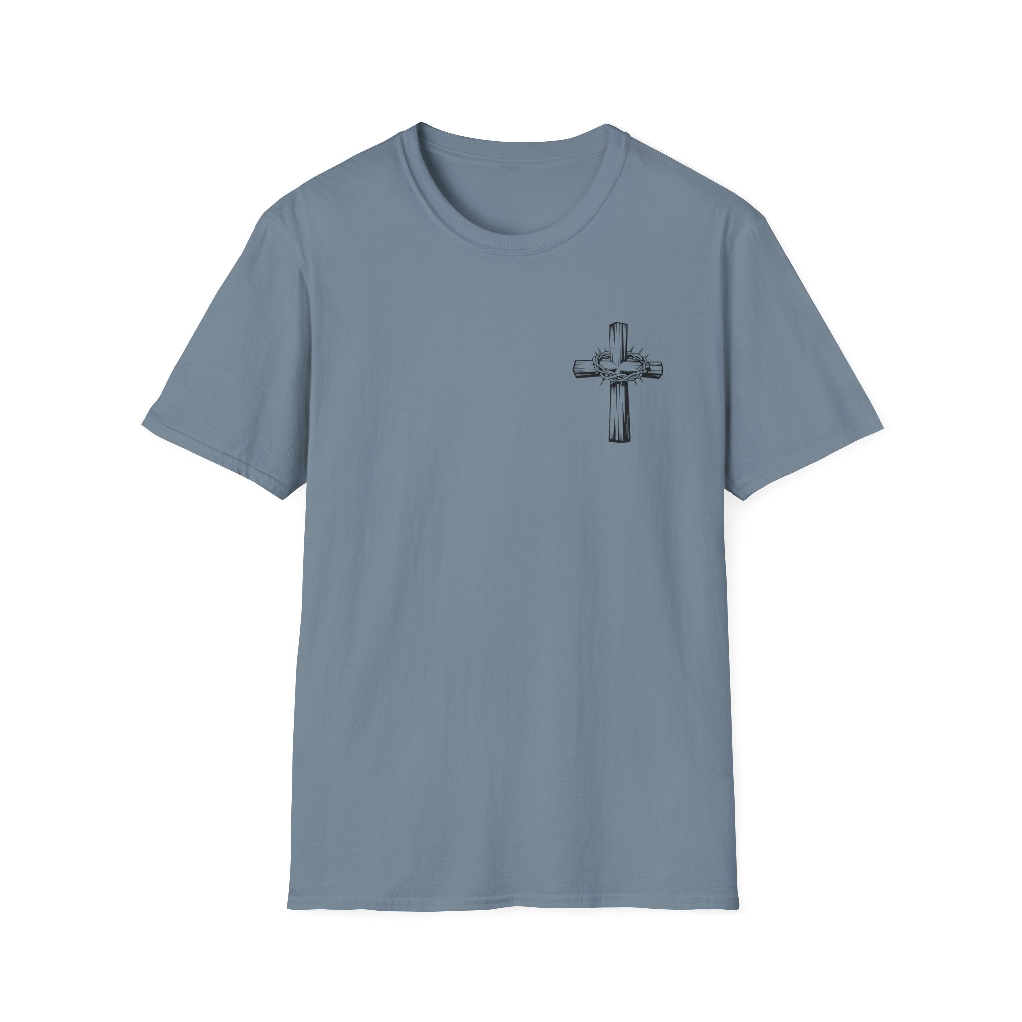 Cross Lion and Jesus Back Print T-Shirt — Wood Cross Chest Christian Faith Graphic