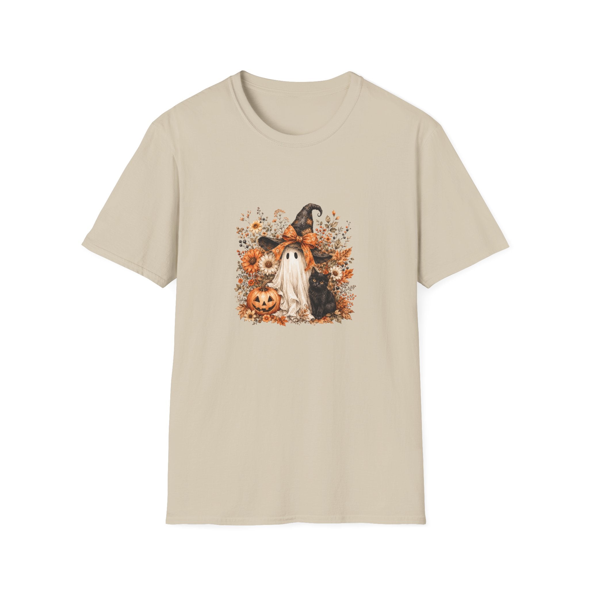 Halloween Witch Ghost & Cat T-Shirt — Cute Spooky Gift for Women Fall Floral Tee