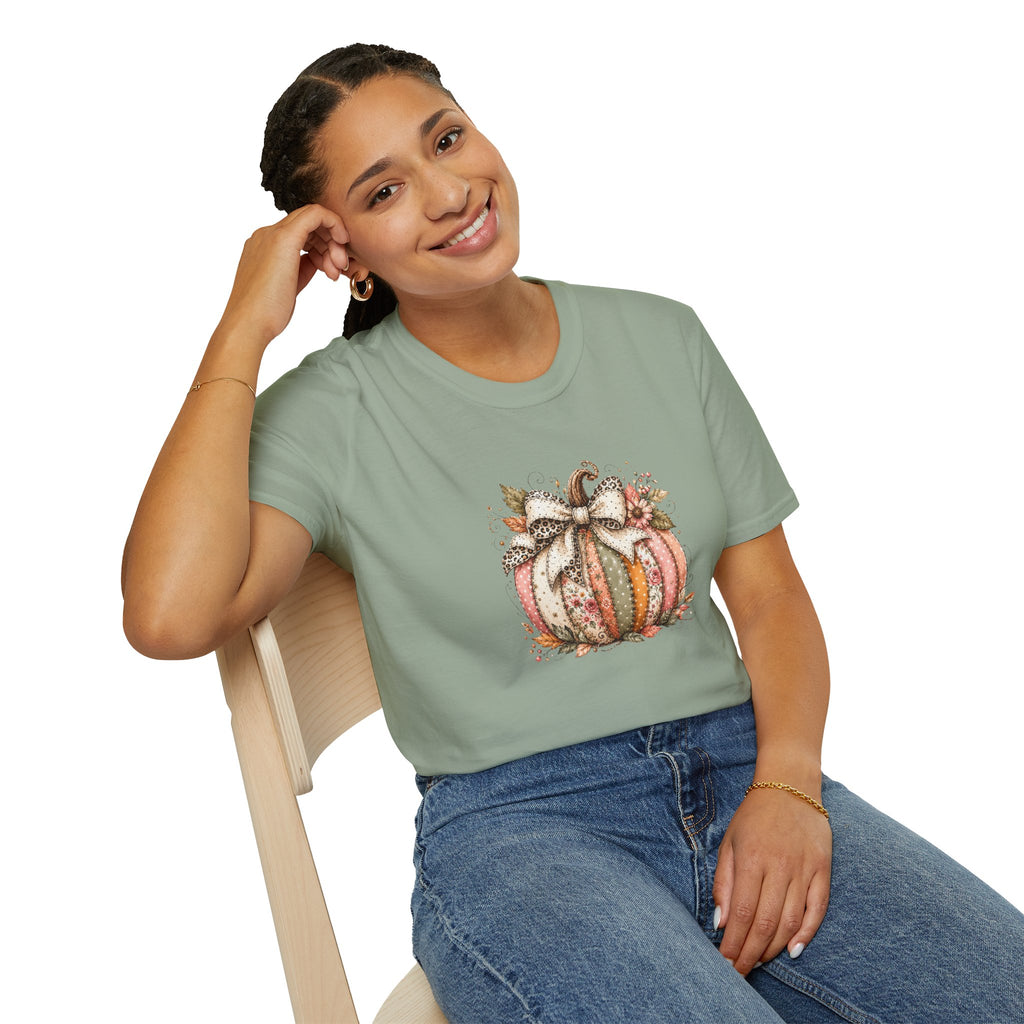 Autumn Floral Pumpkin Leopard Bow T-Shirt — Cute Fall Gift for Women Graphic Tee