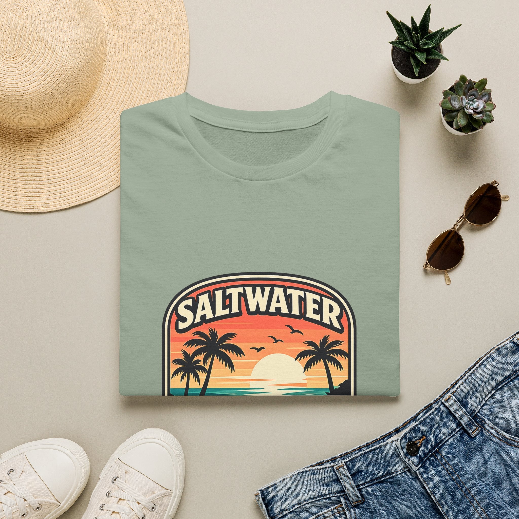 Saltwater Soul Retro Beach T-Shirt — Cute Coastal Gift for Women Sunset Palm Tee