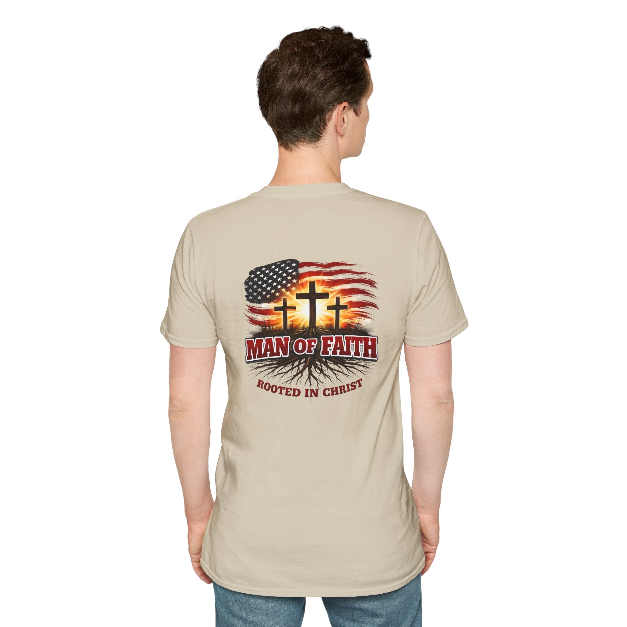 Man of Faith Rooted in Christ T-Shirt — Christian Gift for Him Flag & Cross Back Print Graphic Tee