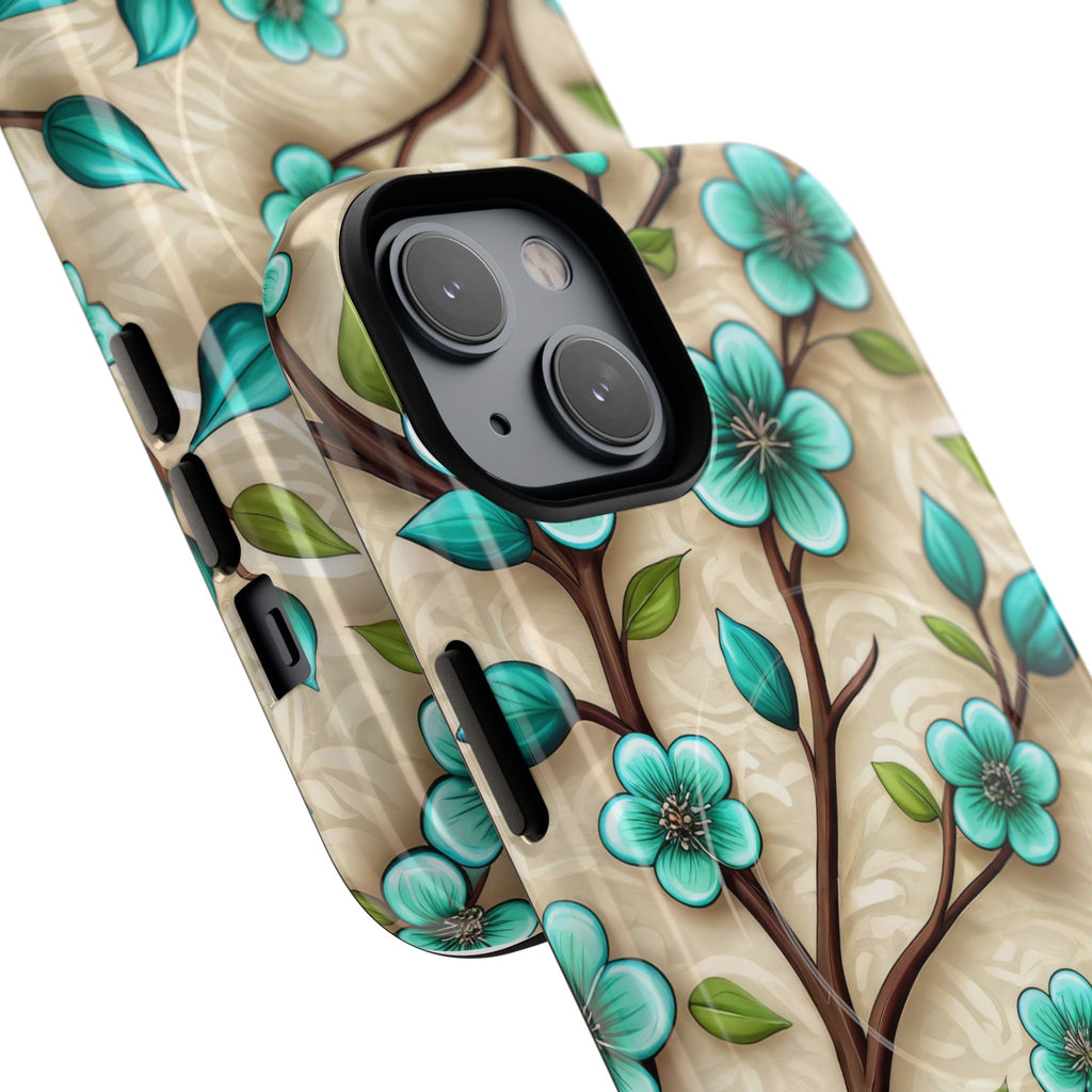Floral Teal Blossom Tough Magnetic iPhone Case — MagSafe Protective Cover