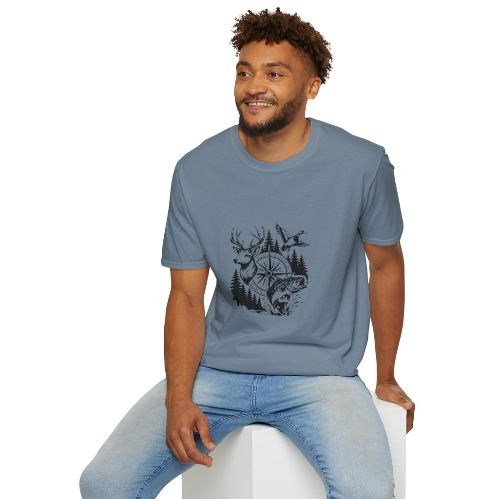 Outdoor Wildlife Compass T-Shirt — Deer Duck & Fish Nature Gift for Hunters