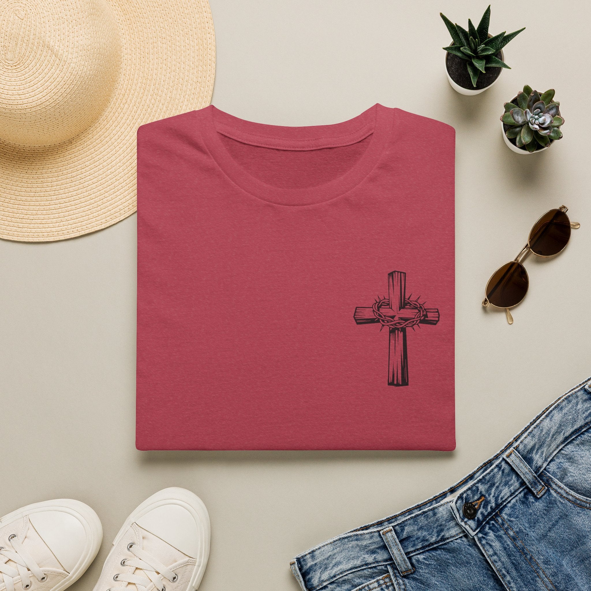 Cross Lion and Jesus Back Print T-Shirt — Wood Cross Chest Christian Faith Graphic
