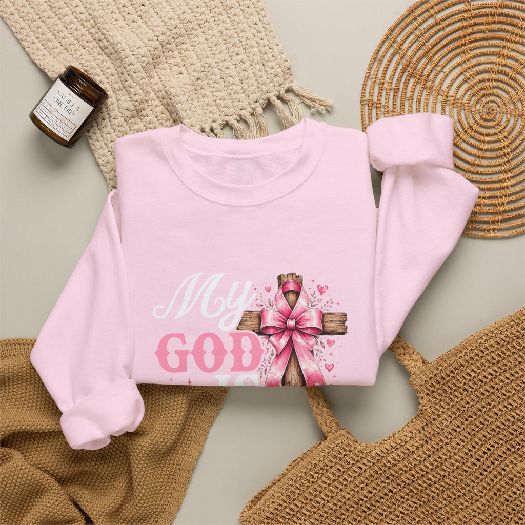 My God Is Bigger Than Cancer Breast Cancer Awareness Crewneck Sweatshirt