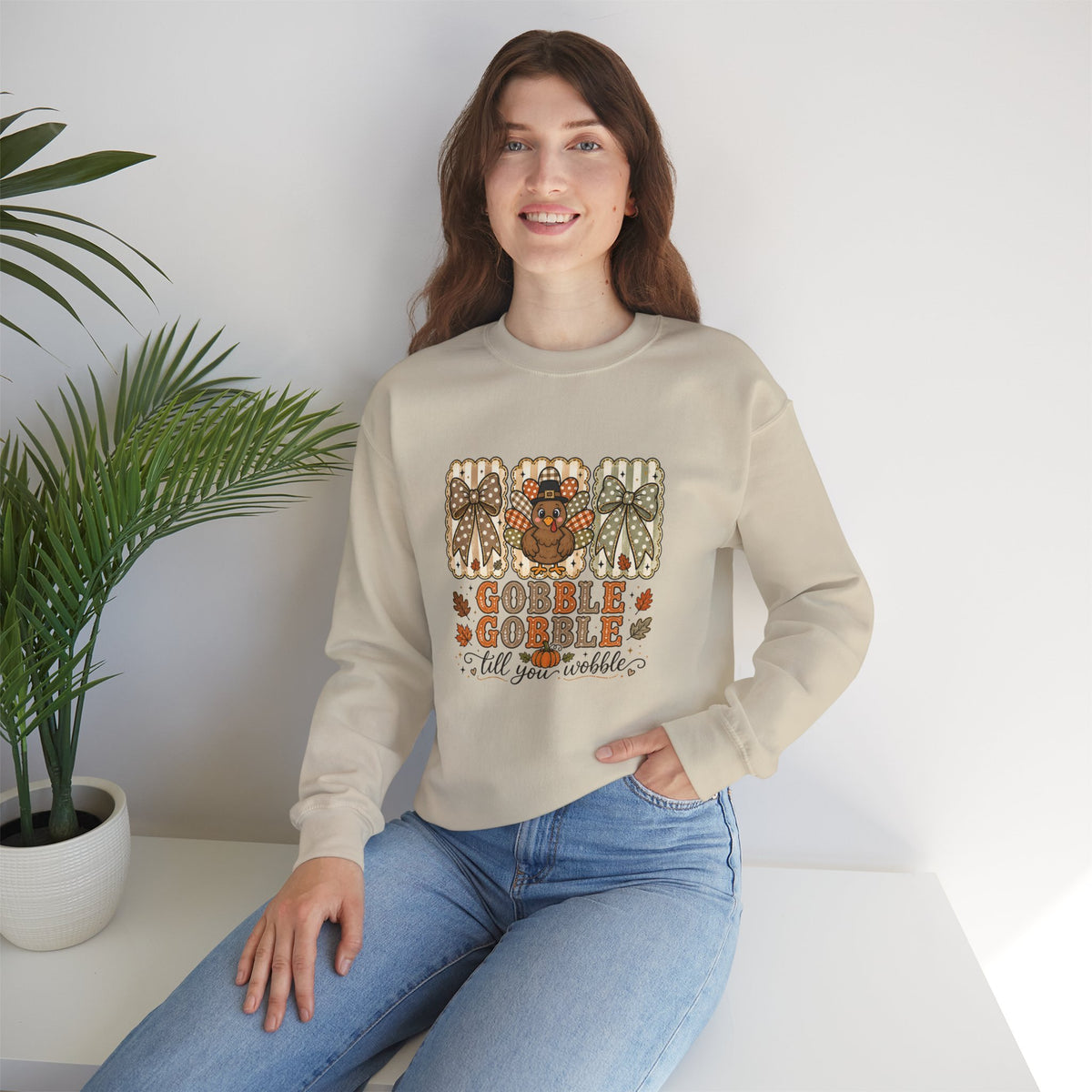 Thanksgiving Crewneck Sweatshirt — "Gobble Gobble 'til You Wobble" Turkey Design