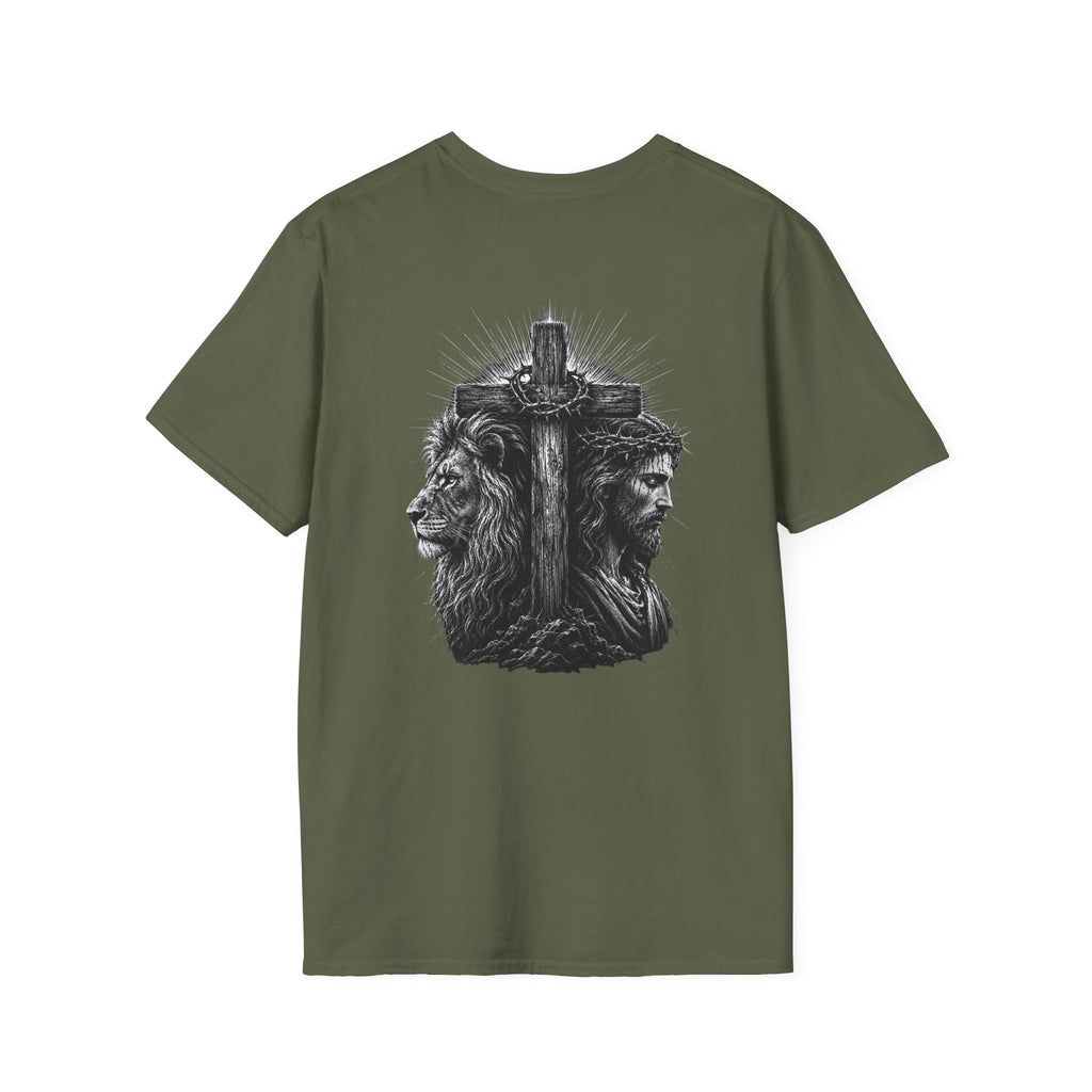 Cross Lion and Jesus Back Print T-Shirt — Wood Cross Chest Christian Faith Graphic