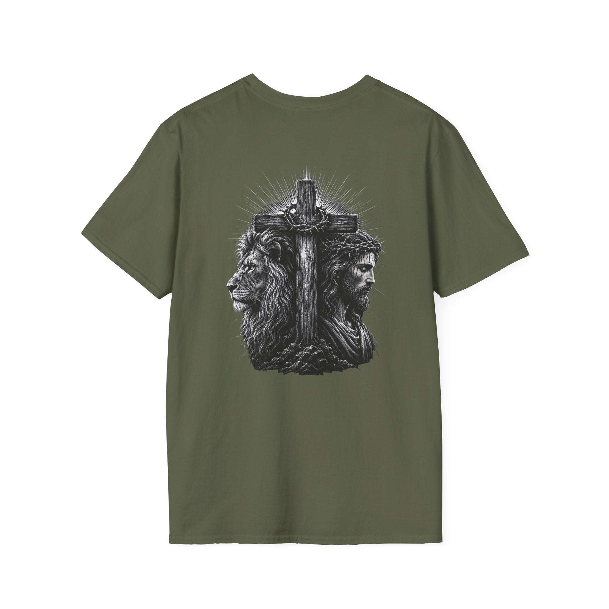 Cross Lion and Jesus Back Print T-Shirt — Wood Cross Chest Christian Faith Graphic