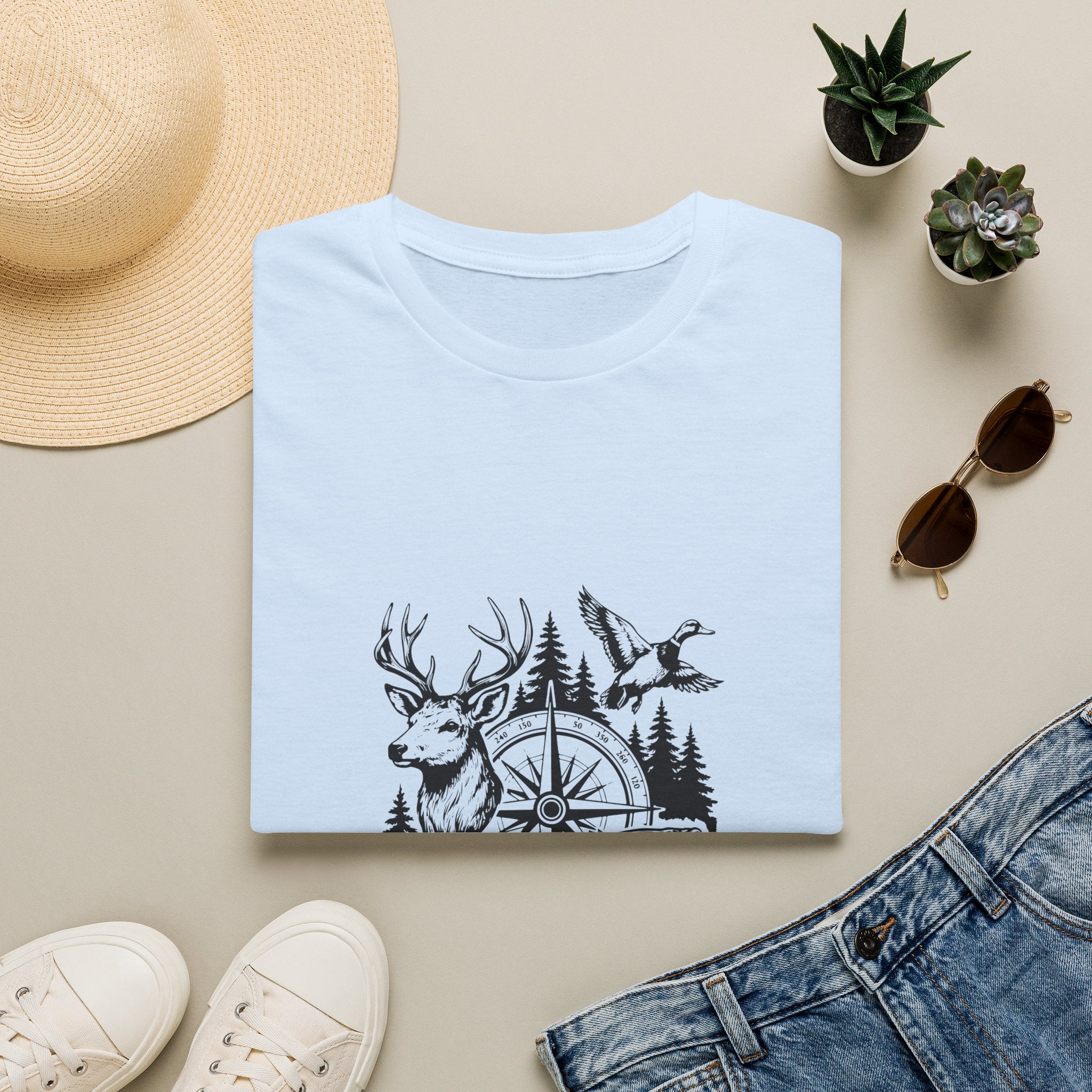 Outdoor Wildlife Compass T-Shirt — Deer Duck & Fish Nature Gift for Hunters