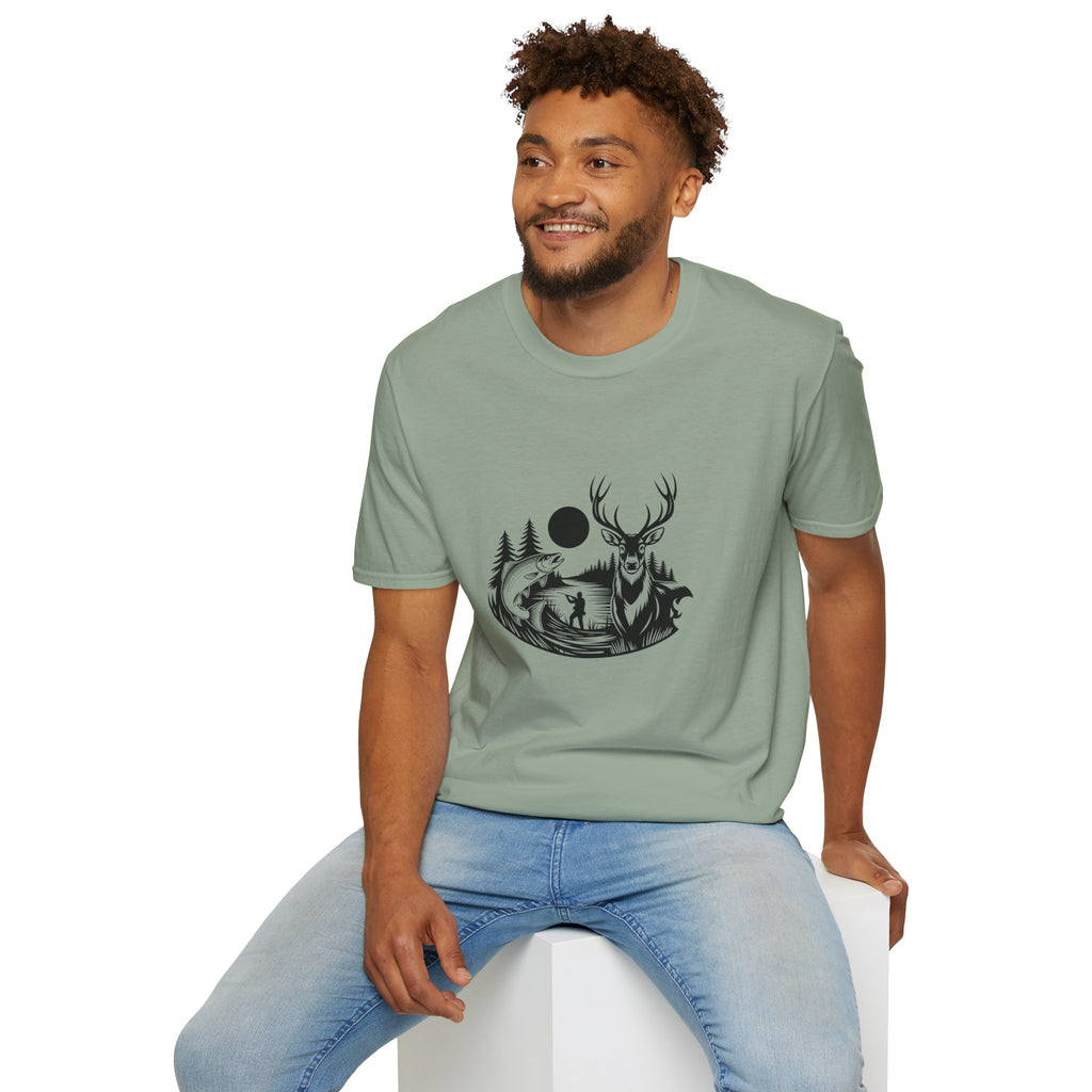 Deer & Fish Forest Silhouette T-Shirt — Rustic Outdoor Gift for Hunters Graphic Tee