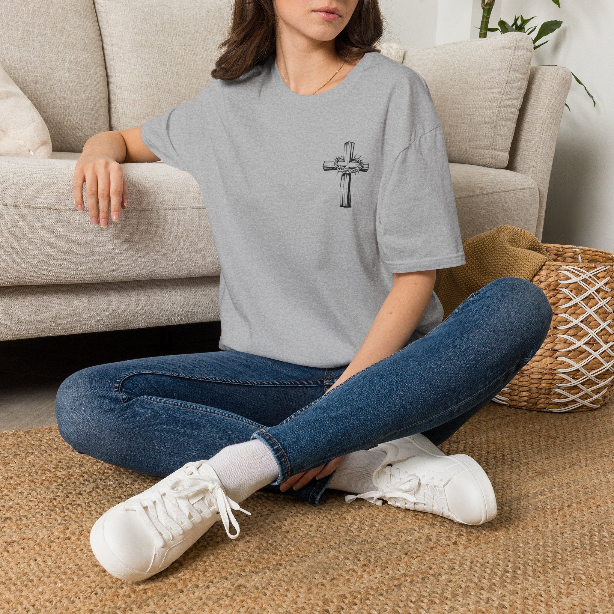 Cross Lion and Jesus Back Print T-Shirt — Wood Cross Chest Christian Faith Graphic