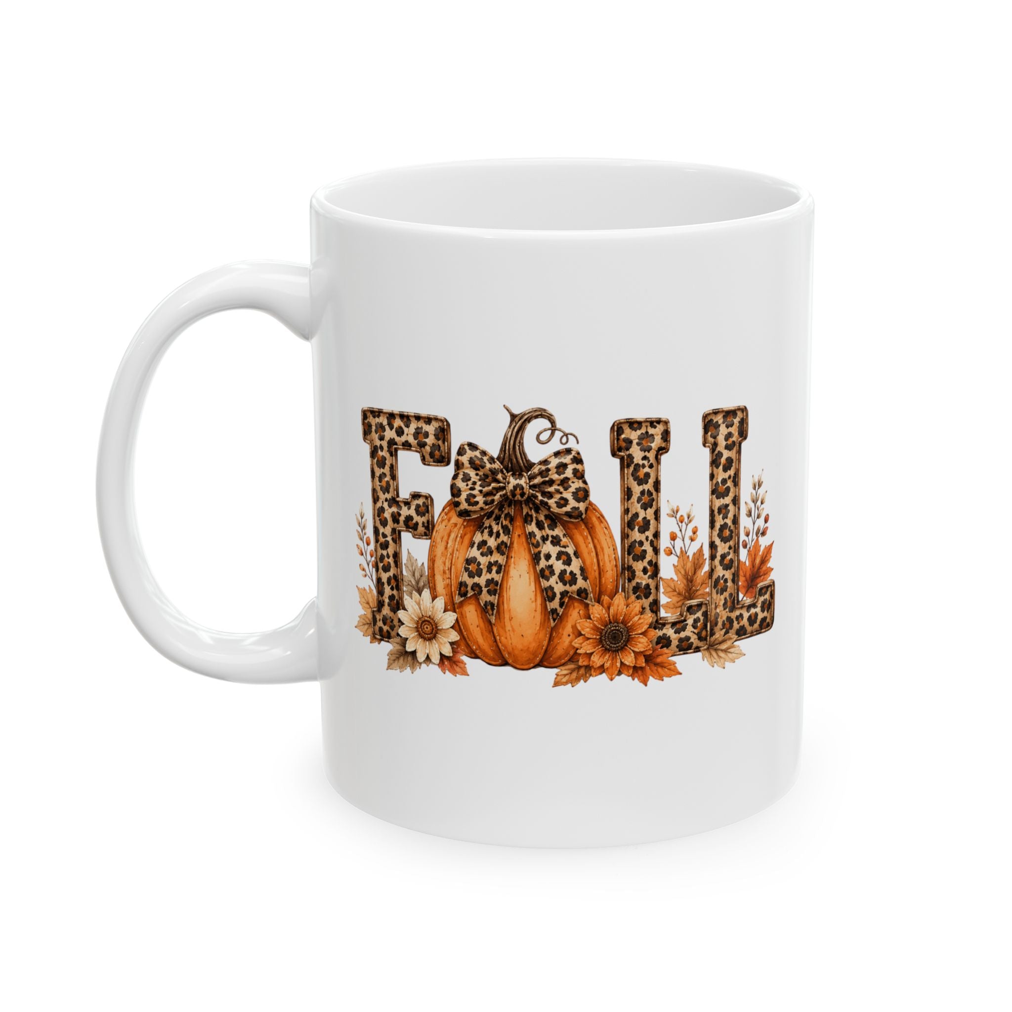 Fall Floral Leopard Sunflower Mug — Cute Autumn Gift Ceramic Coffee Cup 11oz 15oz