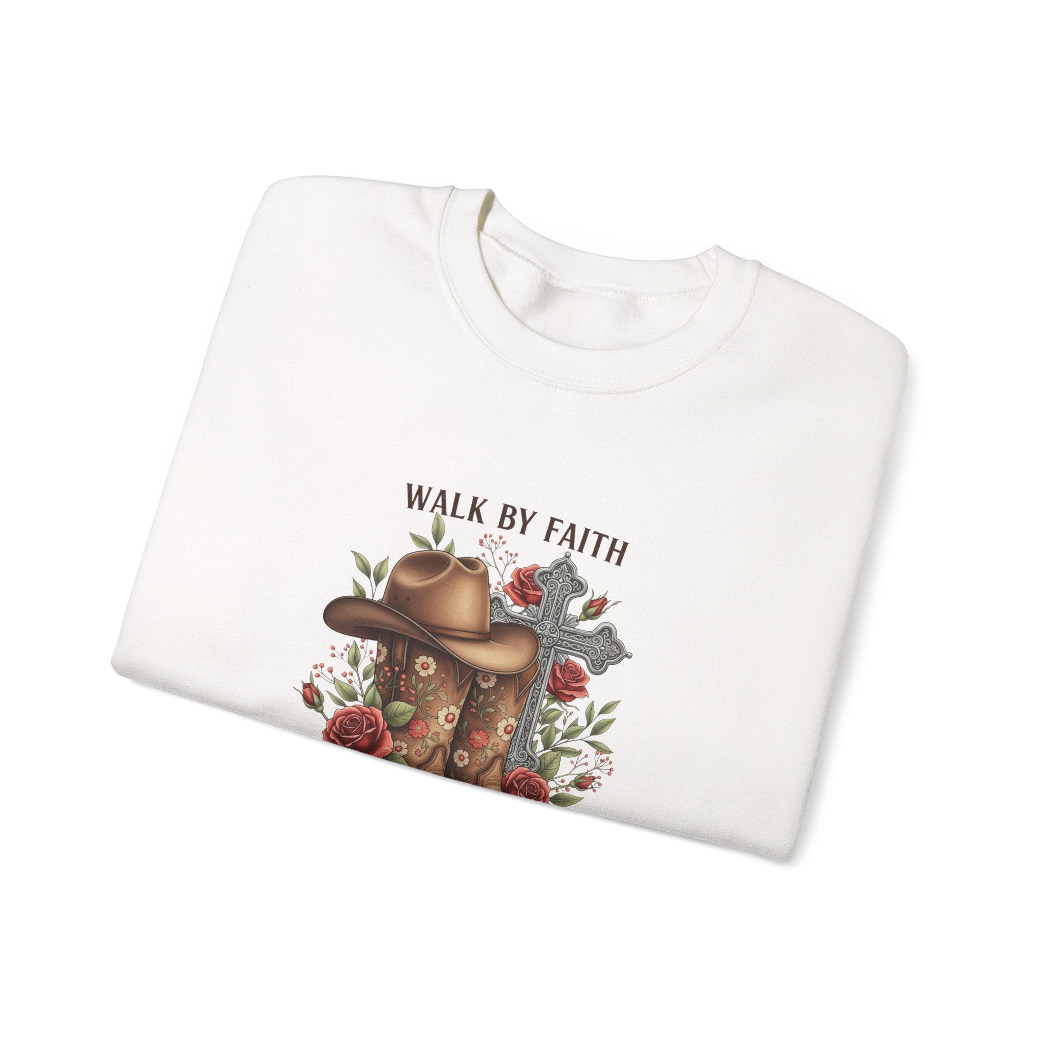Faith Cowboy Boots Sweatshirt — "Walk by Faith, Even When You Cannot See" Christian Crewneck