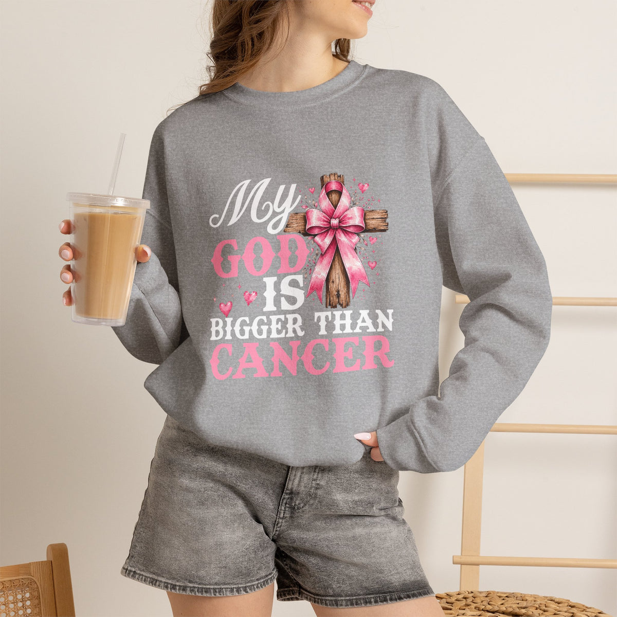 My God Is Bigger Than Cancer Breast Cancer Awareness Crewneck Sweatshirt