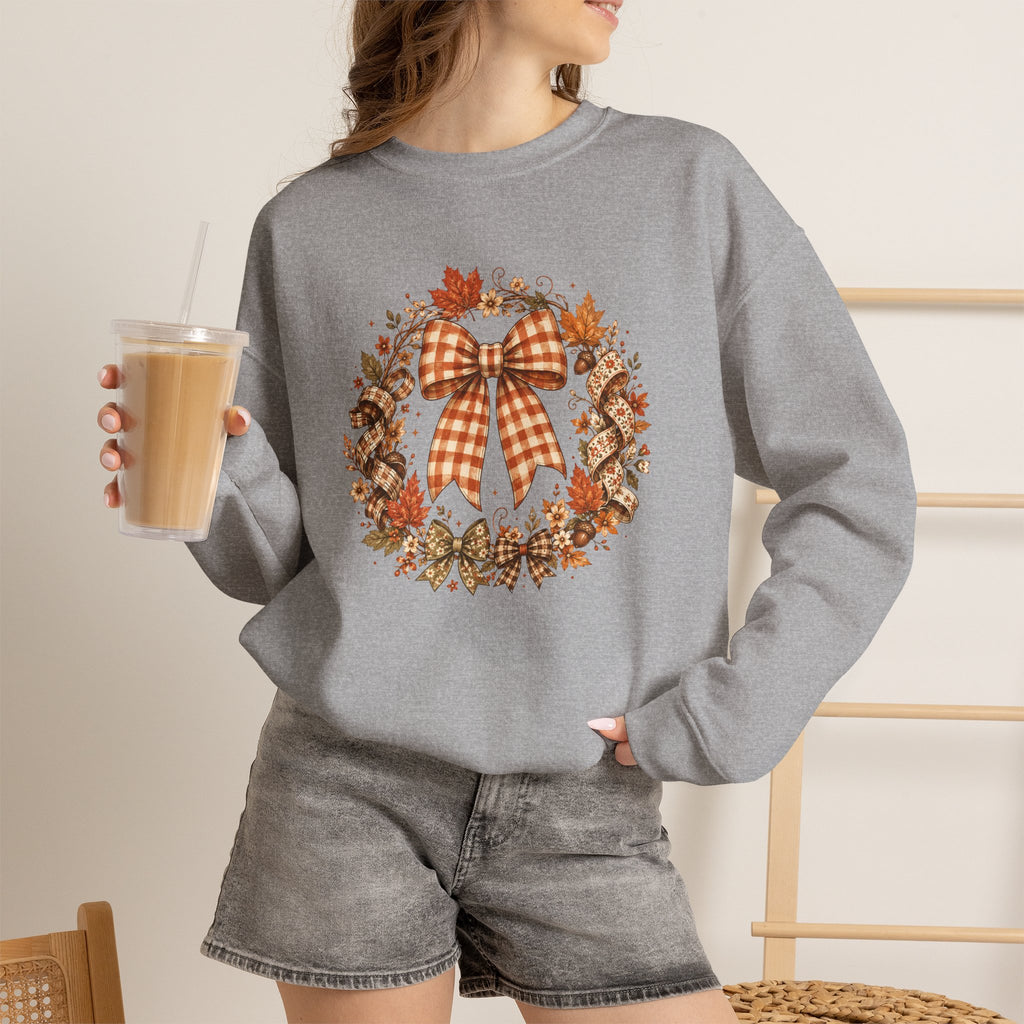 Cozy Autumn Plaid Bow Wreath Crewneck Sweatshirt
