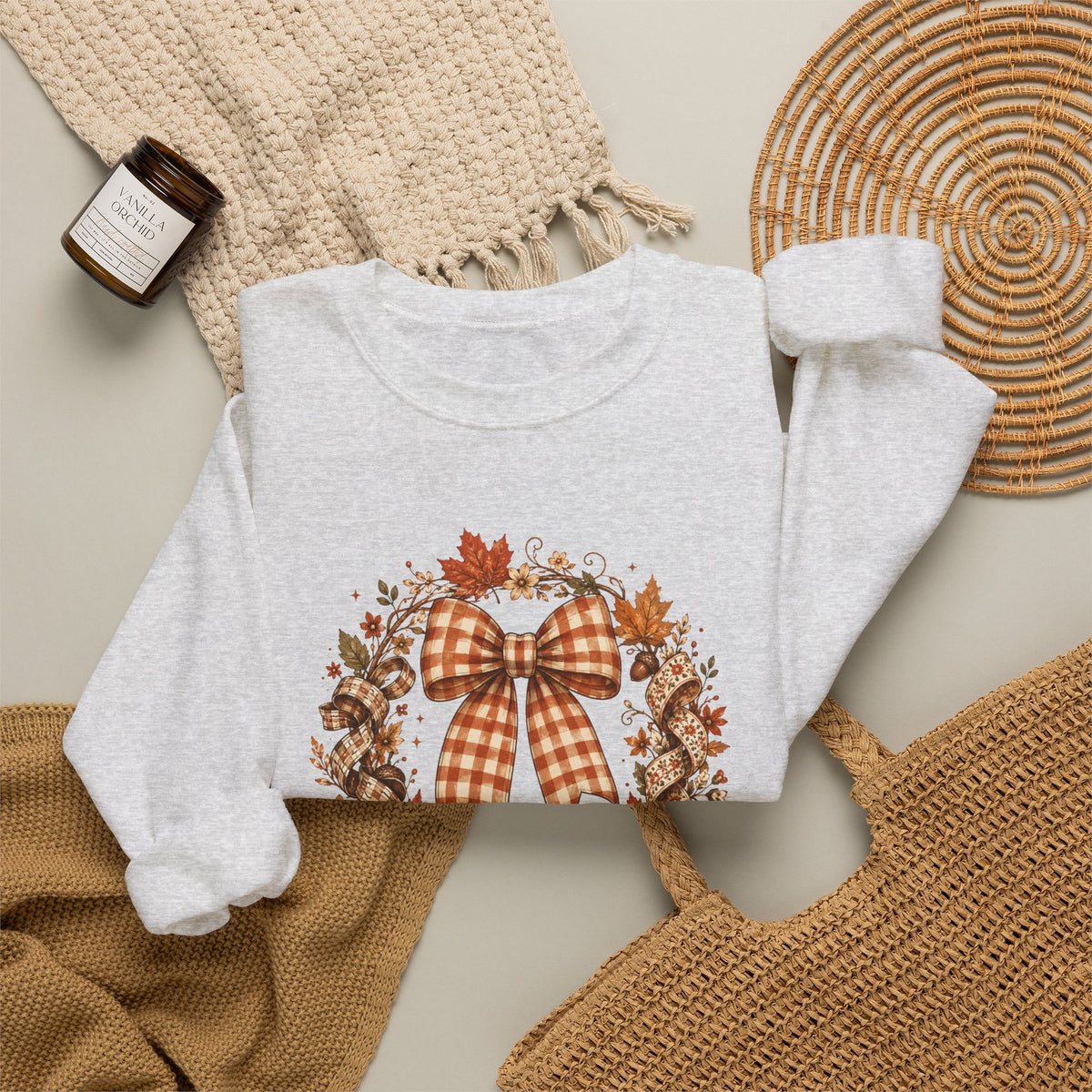 Cozy Autumn Plaid Bow Wreath Crewneck Sweatshirt