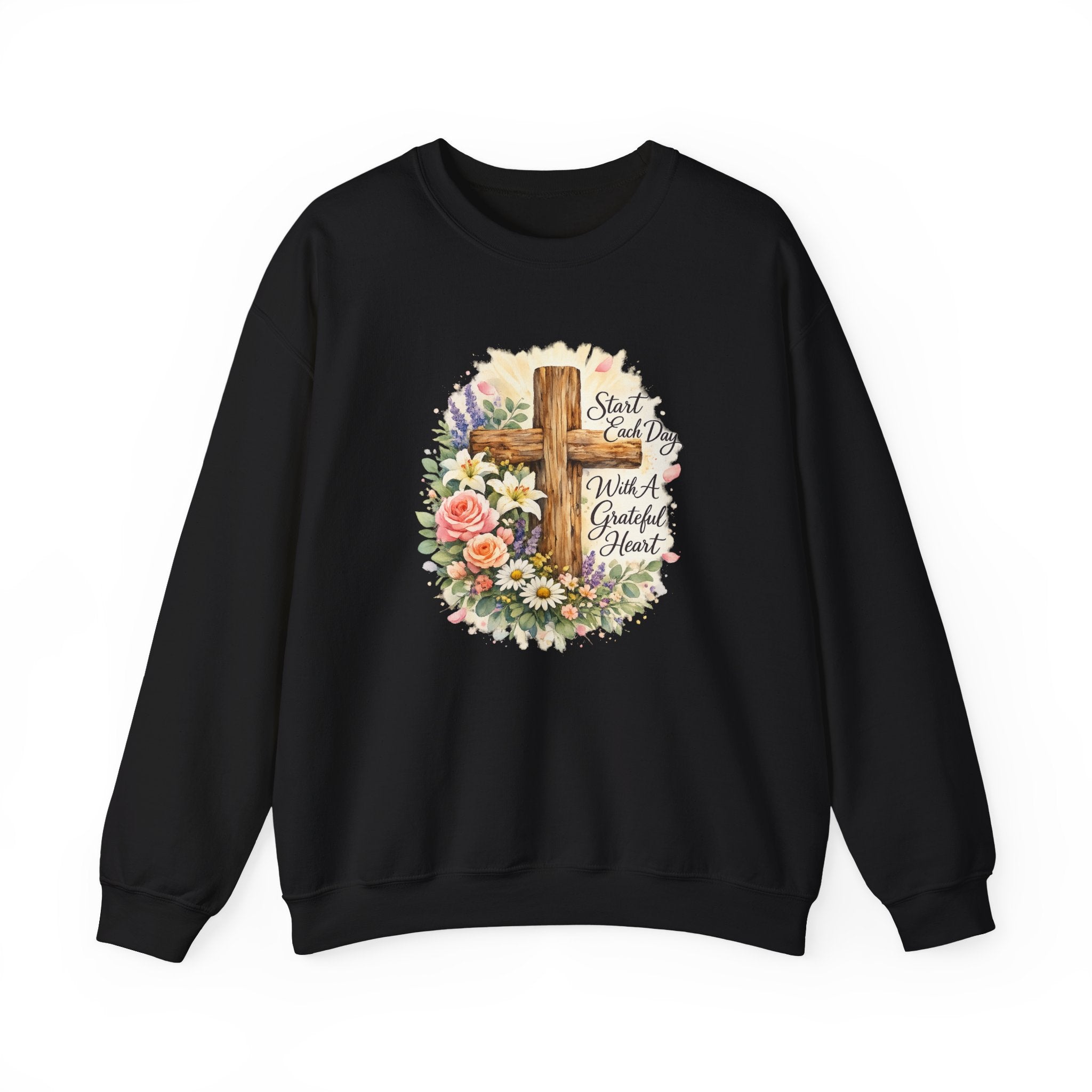 Christian Crewneck Sweatshirt — "Start Each Day with a Grateful Heart" Floral Cross