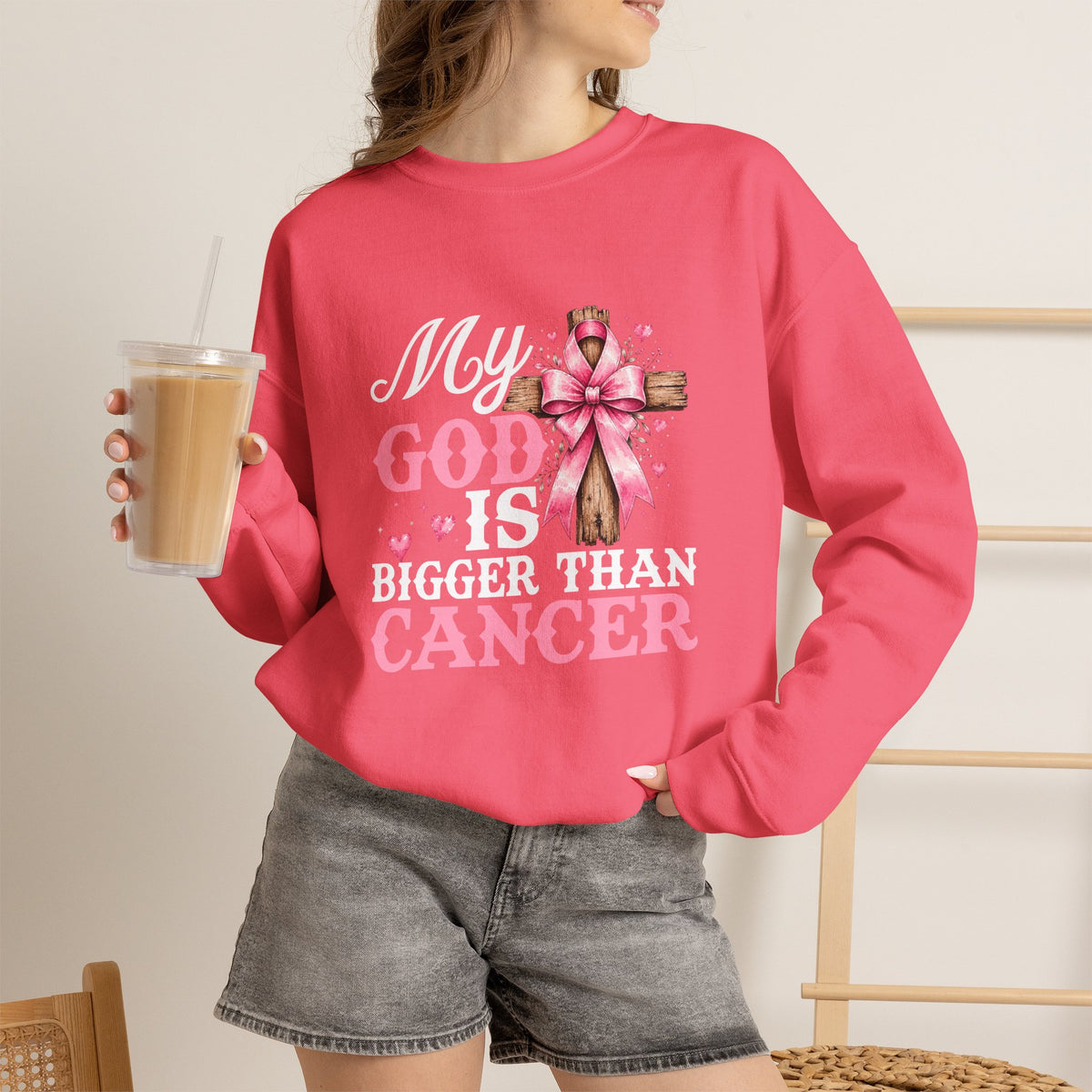 My God Is Bigger Than Cancer Breast Cancer Awareness Crewneck Sweatshirt
