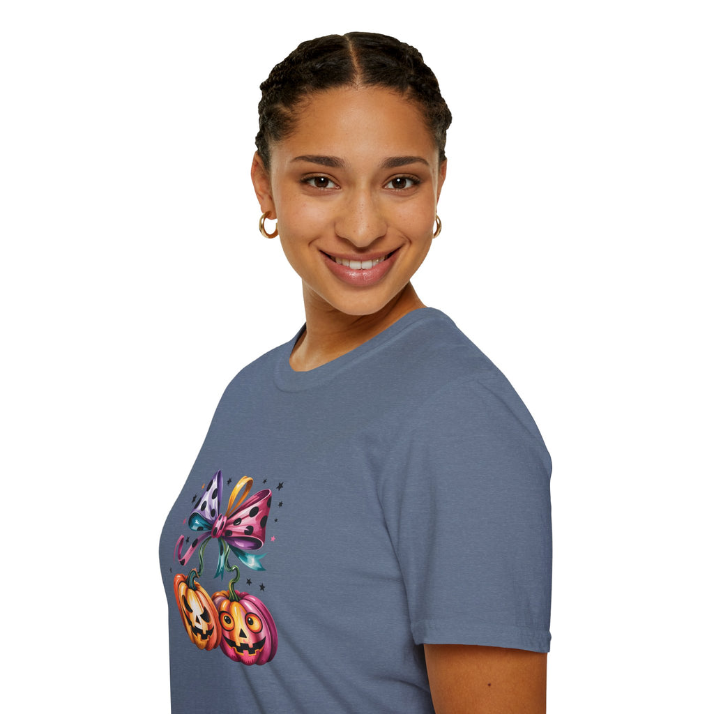 Halloween Pumpkin Bow T-Shirt — Cute Colorful Gift for Women Jack-O'-Lantern Tee