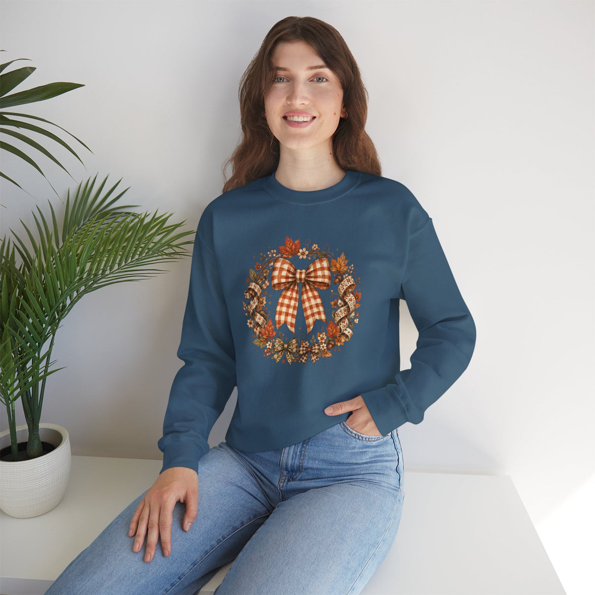 Cozy Autumn Plaid Bow Wreath Crewneck Sweatshirt