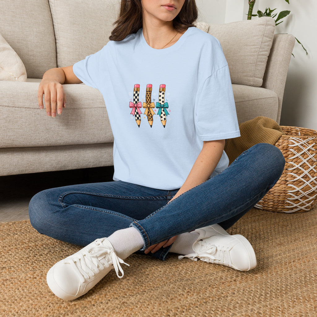 Pencil Trio Graphic T-Shirt — Cute Patterned Pencils with Bows