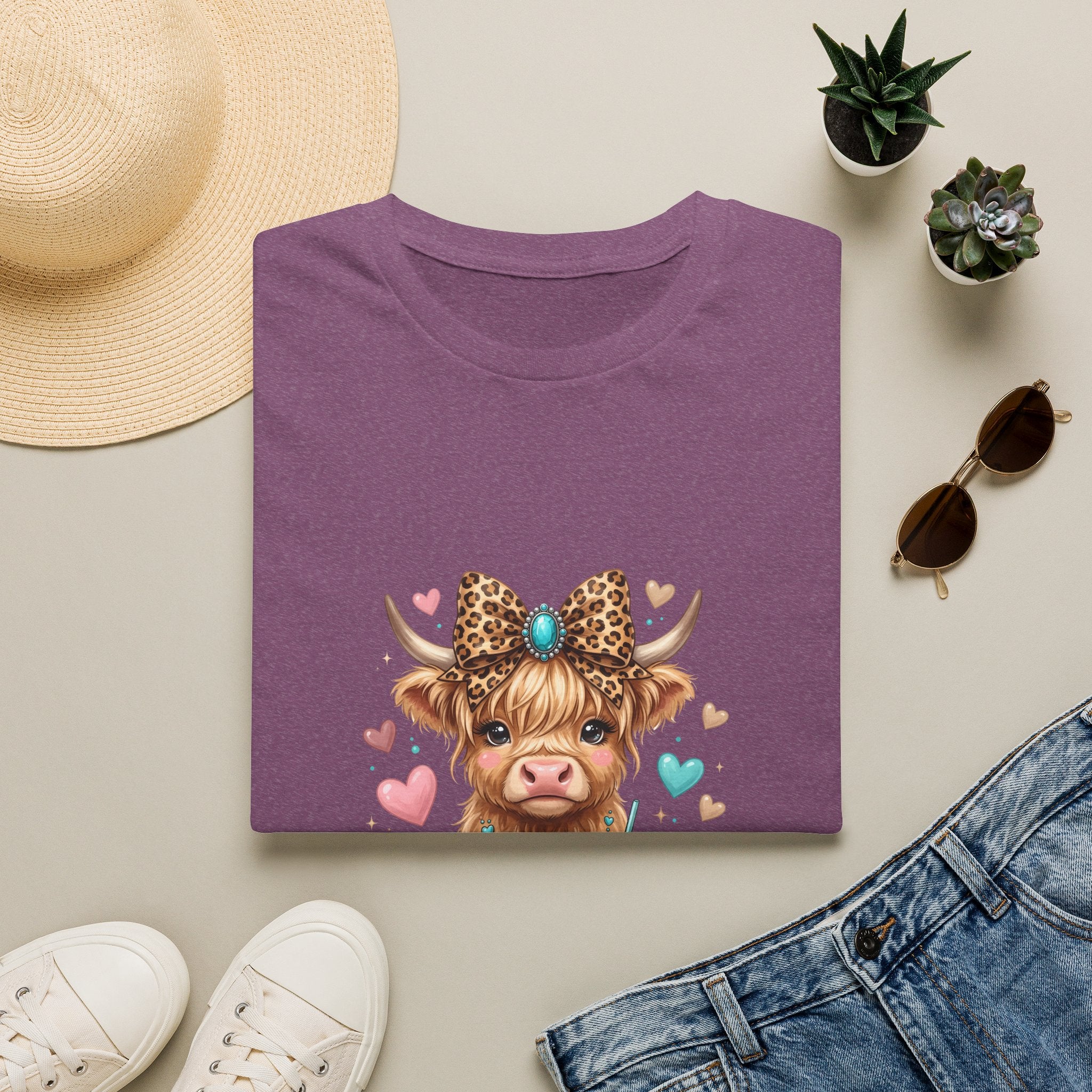Highland Cow Leopard Bow T-Shirt — Cute Funny Gift for Her Hearts Graphic Tee