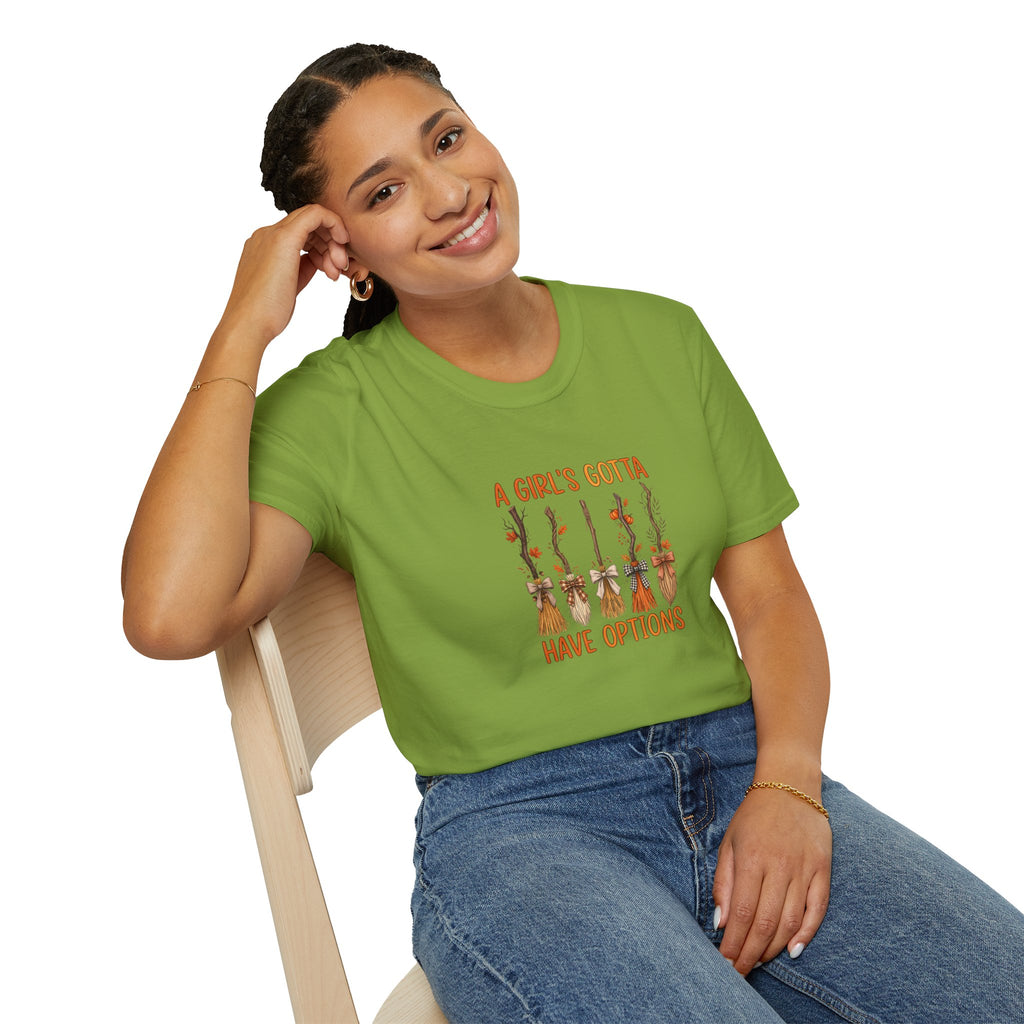 A Girl's Gotta Have Options Witch Brooms T-Shirt — Funny Halloween Gift for Women