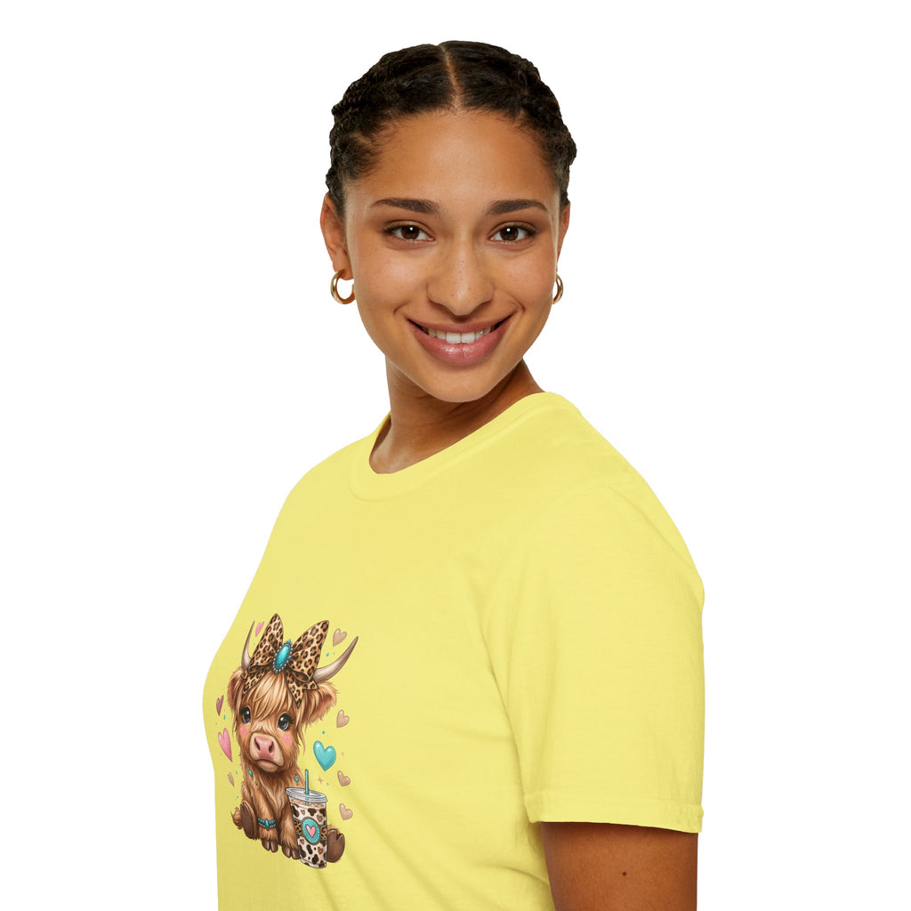 Highland Cow Leopard Bow T-Shirt — Cute Funny Gift for Her Hearts Graphic Tee