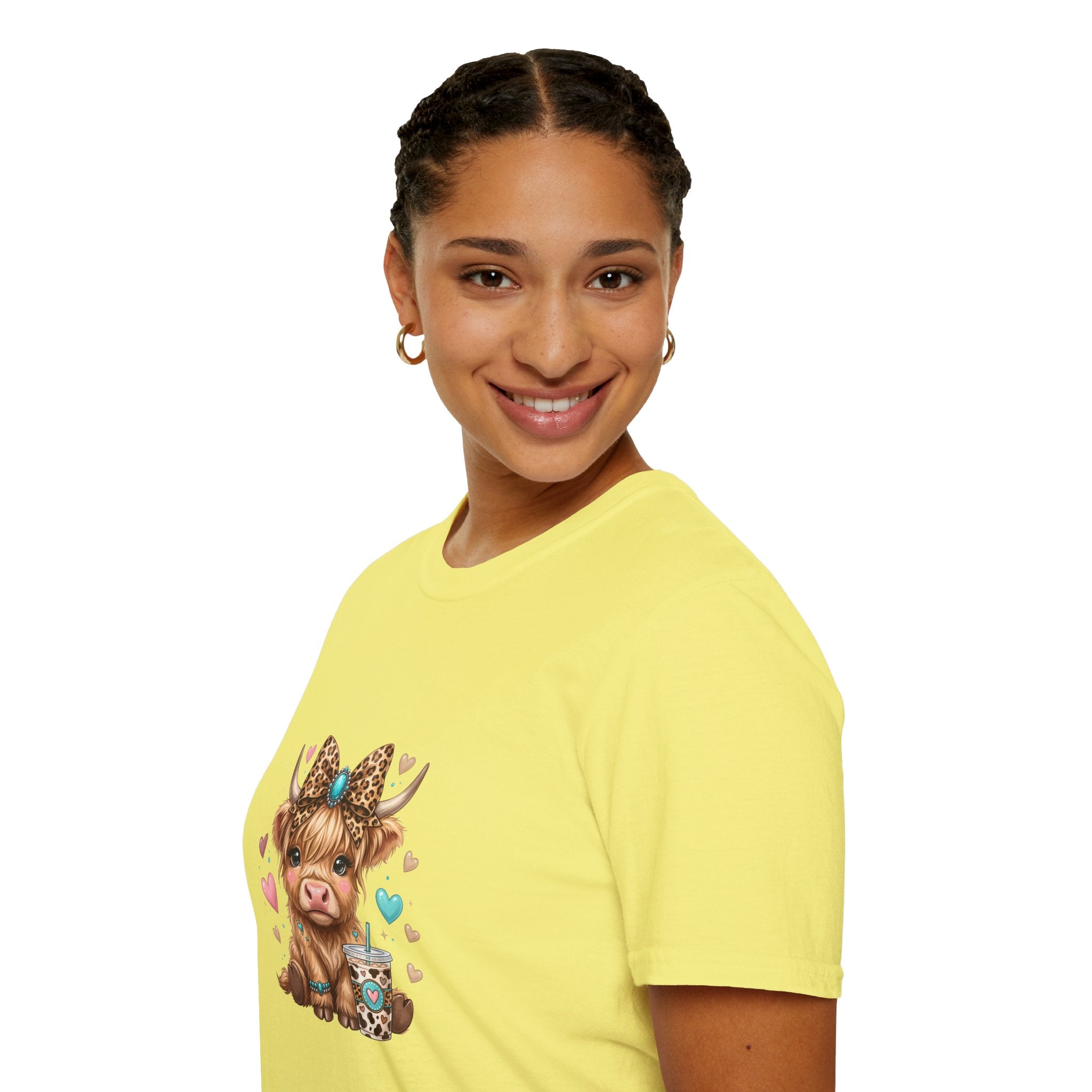 Highland Cow Leopard Bow T-Shirt — Cute Funny Gift for Her Hearts Graphic Tee