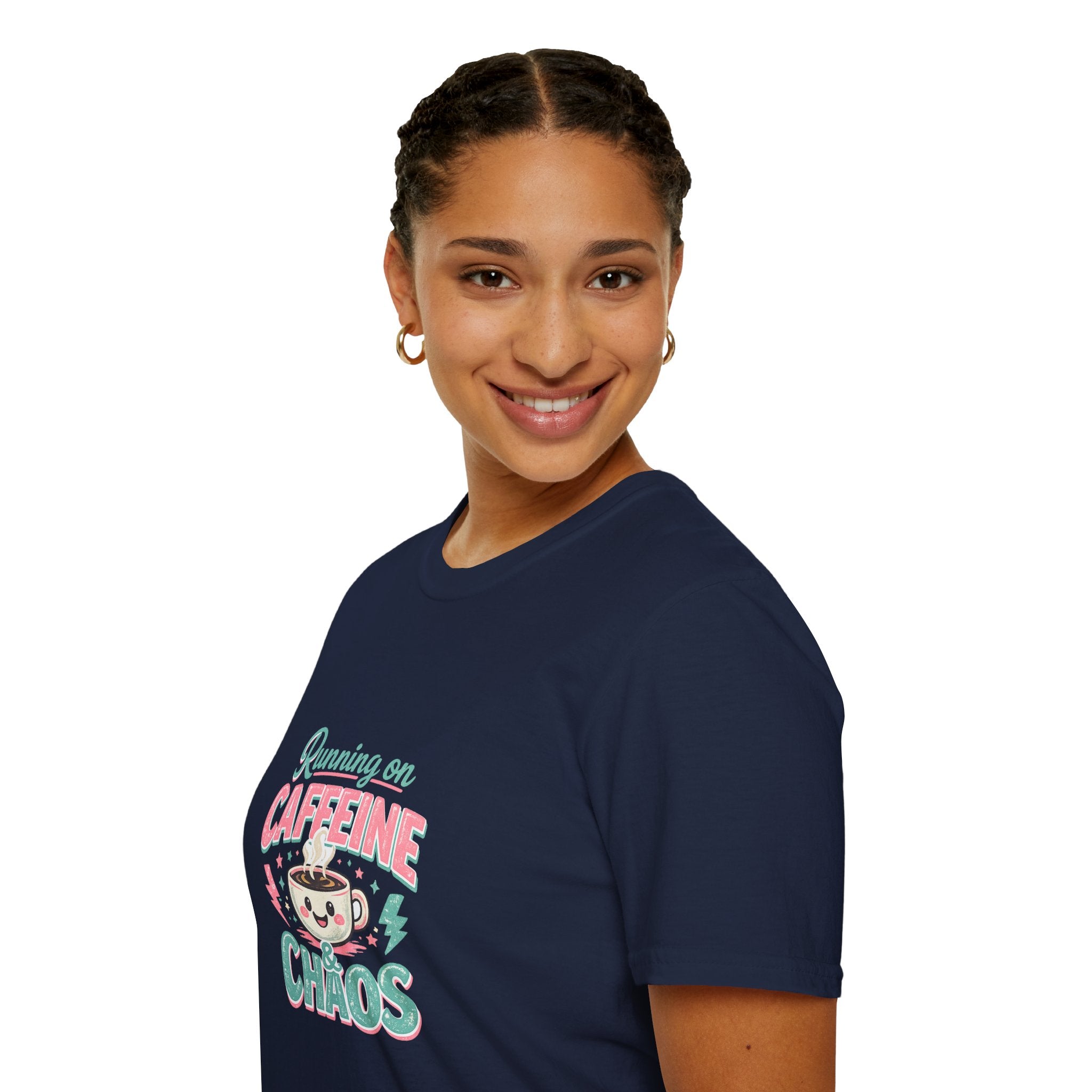 Running on Caffeine & Chaos T-Shirt — Funny Gift for Coffee Loving Moms Graphic Tee