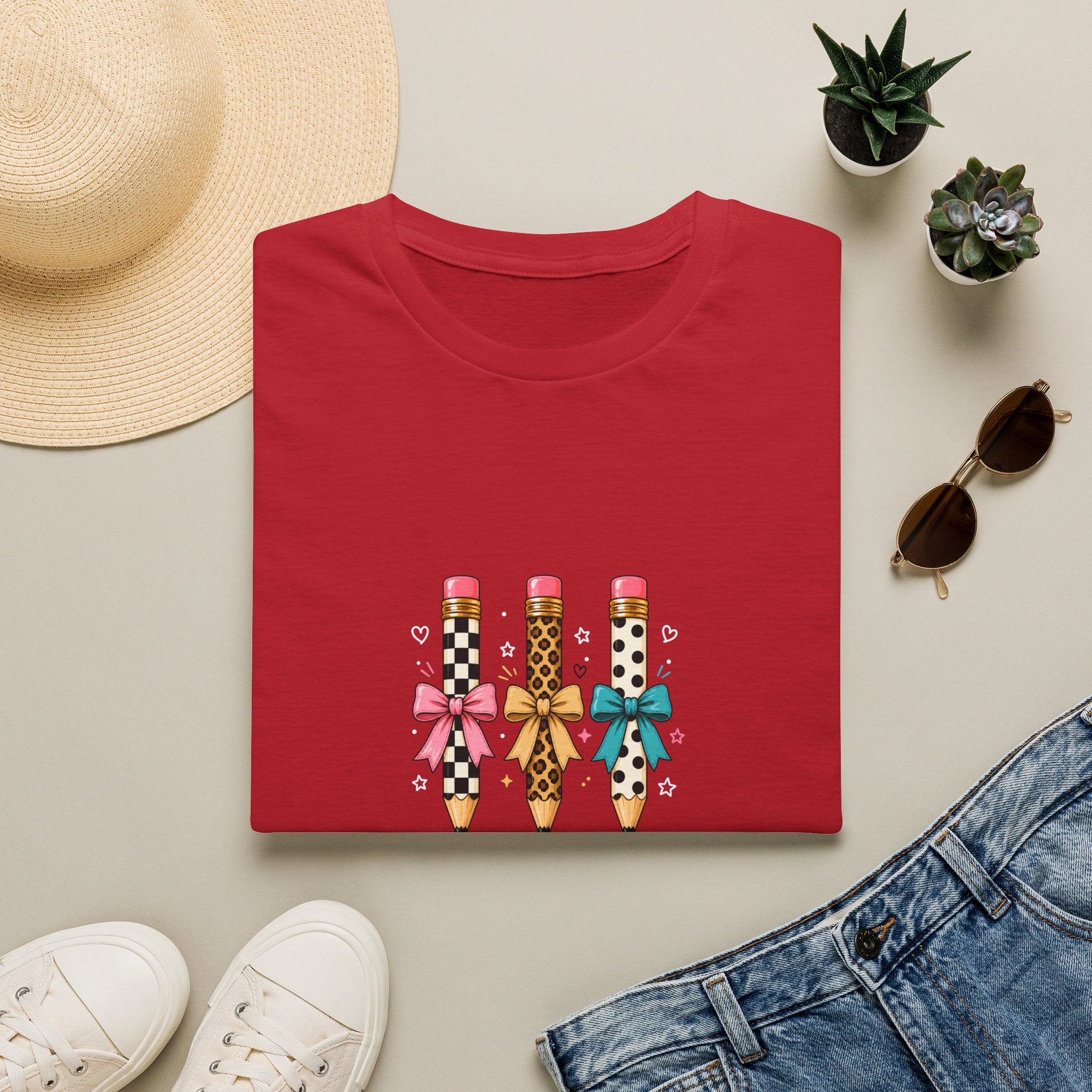 Pencil Trio Graphic T-Shirt — Cute Patterned Pencils with Bows