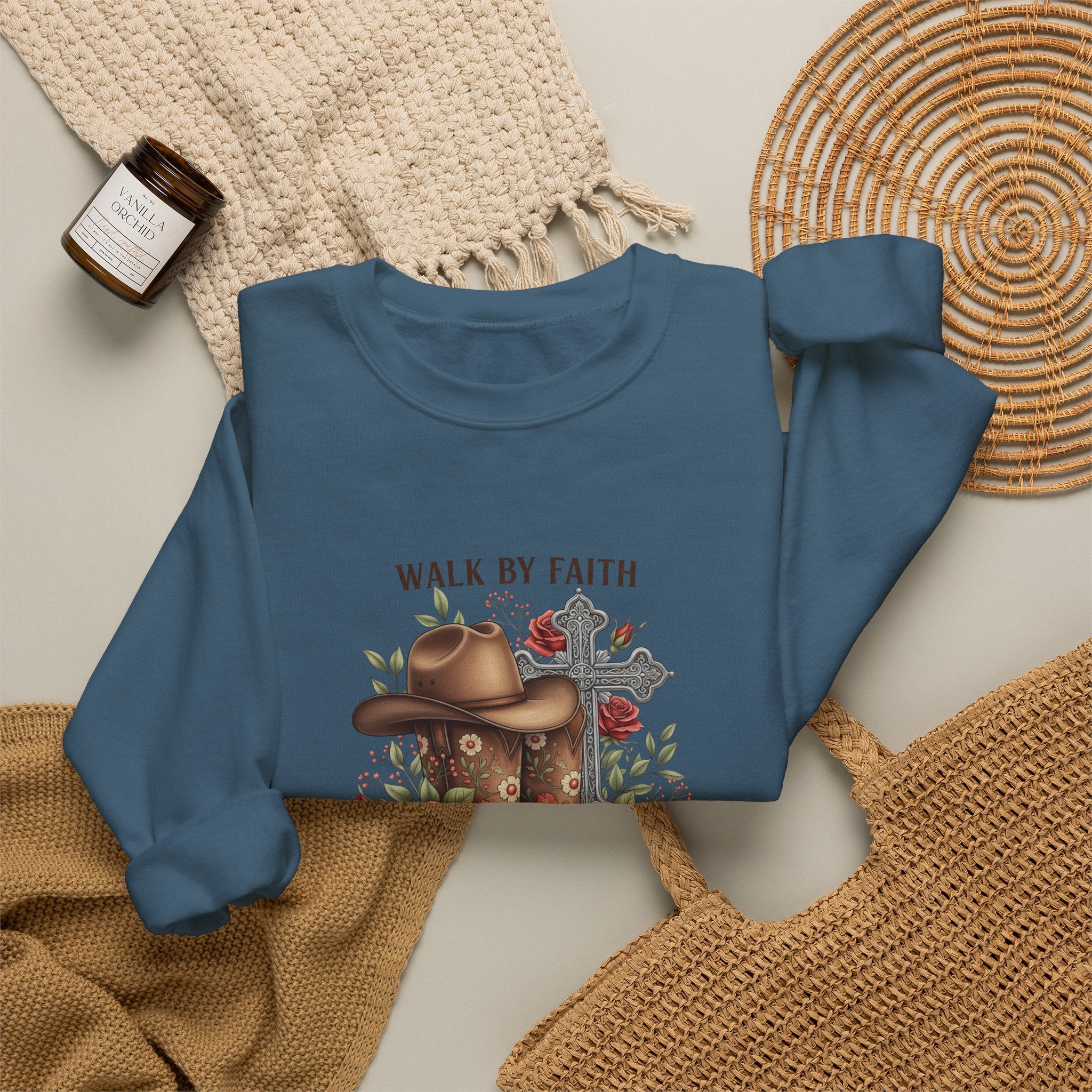 Faith Cowboy Boots Sweatshirt — "Walk by Faith, Even When You Cannot See" Christian Crewneck