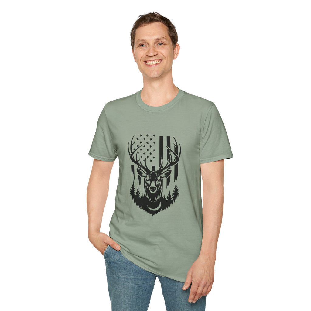 Rustic American Flag Buck T-Shirt — Patriotic Hunting Gift for Men Wildlife Tee