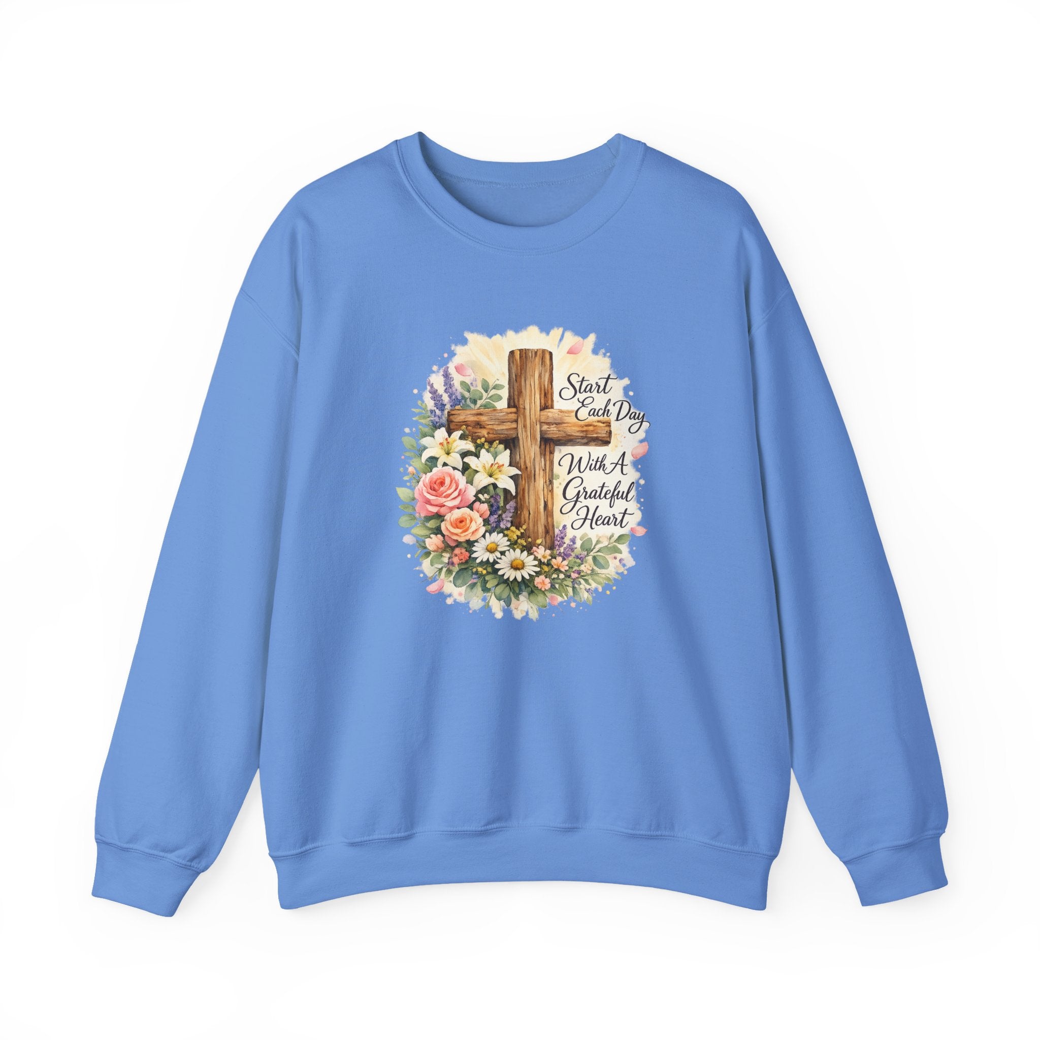 Christian Crewneck Sweatshirt — "Start Each Day with a Grateful Heart" Floral Cross