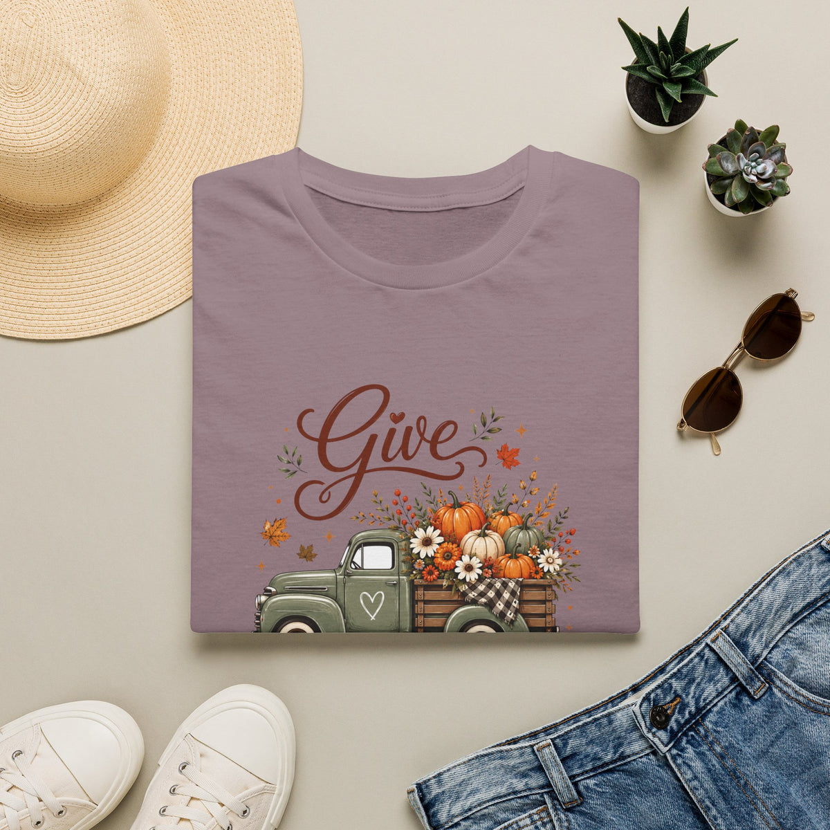 Give Thanks Fall Truck T-Shirt — Pumpkin Harvest Autumn Tee