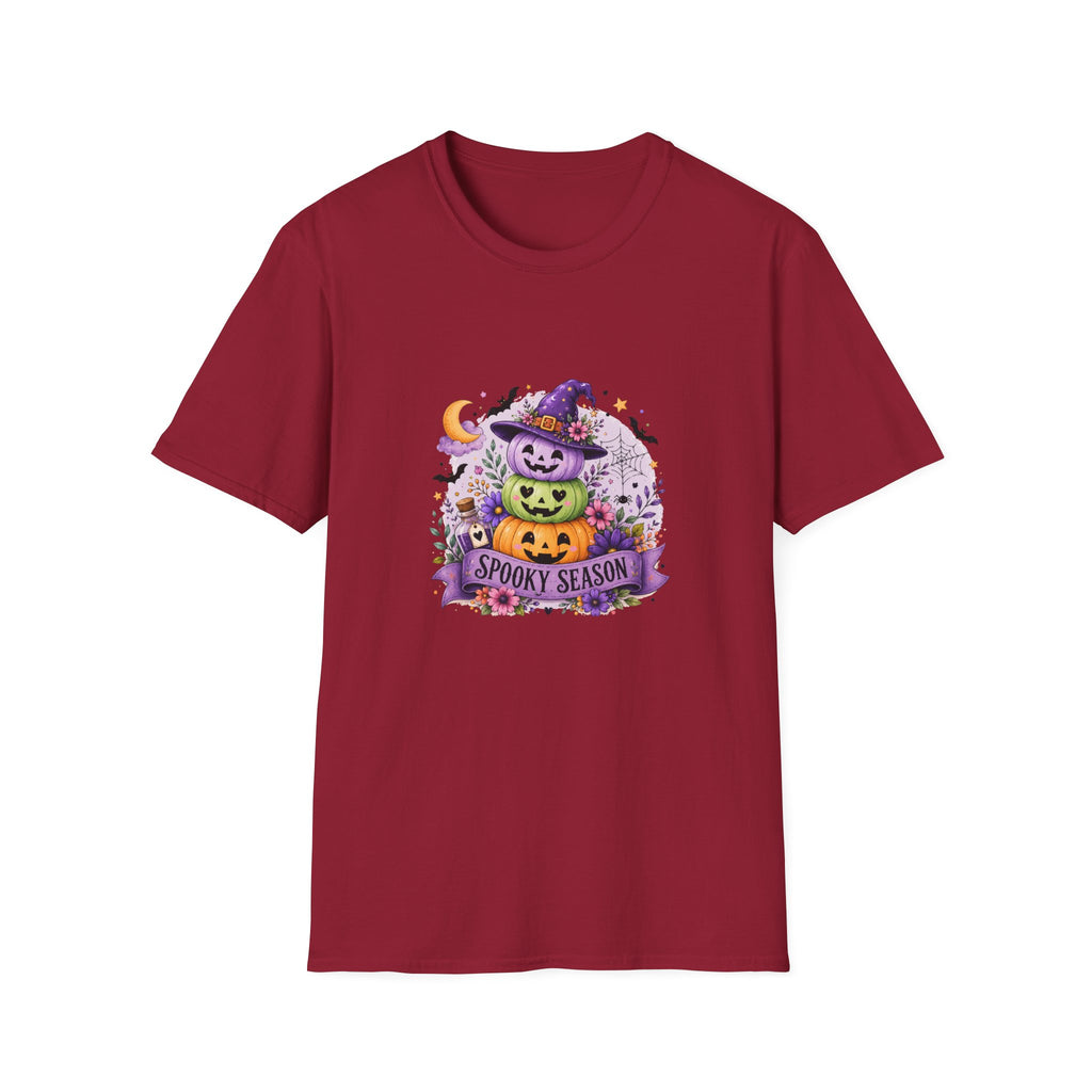 Spooky Season Pumpkin Stack T-Shirt — Cute Halloween Gift for Women Witch Hat Tee