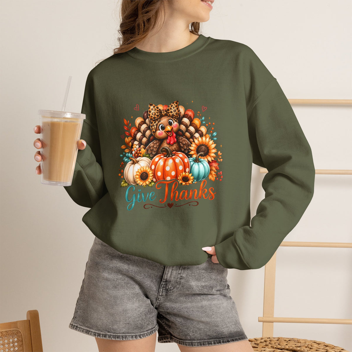 Sweatshirt — "Give Thanks" Autumn Turkey & Pumpkin Thanksgiving Crewneck