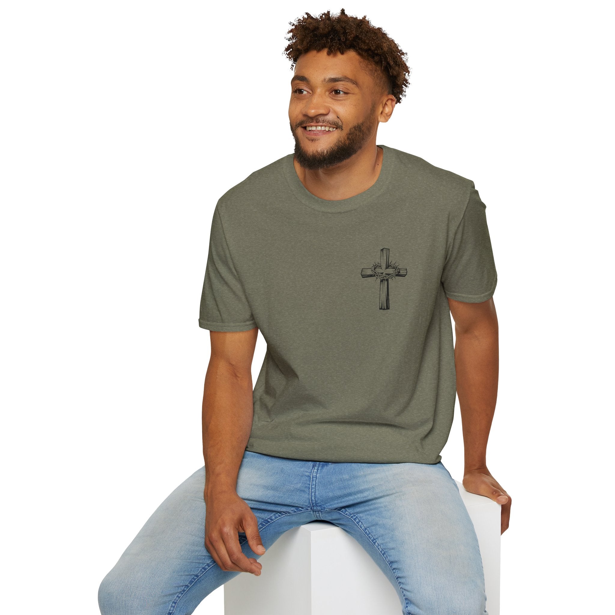 Cross Lion and Jesus Back Print T-Shirt — Wood Cross Chest Christian Faith Graphic
