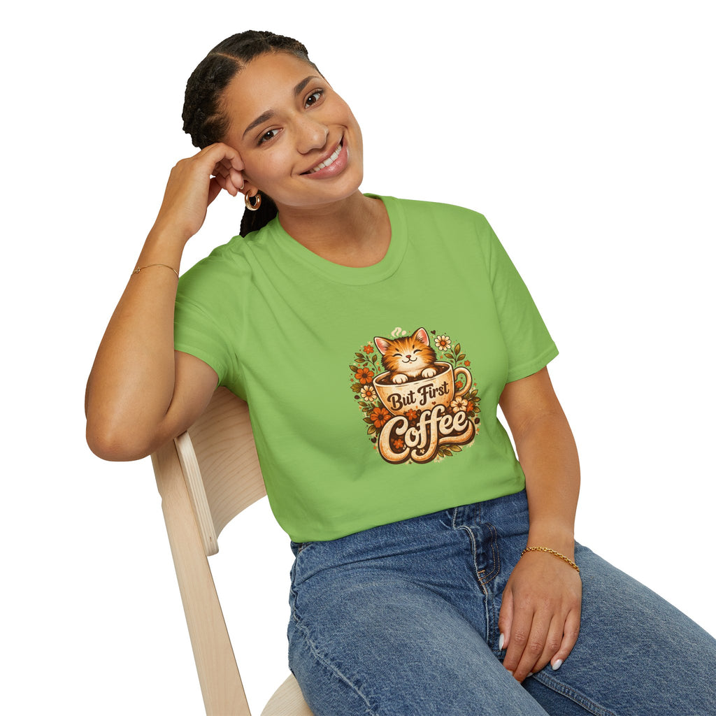 But First Coffee Cat T-Shirt — Cute Floral Gift for Coffee Lovers Women's Tee