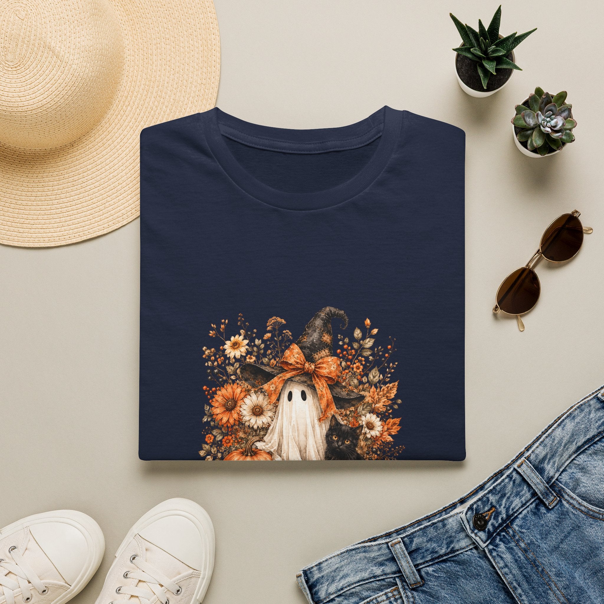 Halloween Witch Ghost & Cat T-Shirt — Cute Spooky Gift for Women Fall Floral Tee