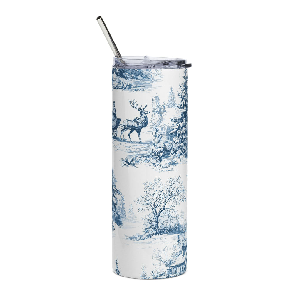 20oz Winter Cottage Stainless Steel Tumbler Blue Toile Snowy Pines Travel Cup