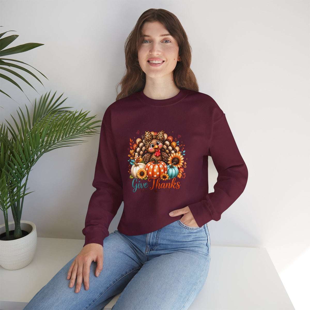 Sweatshirt — "Give Thanks" Autumn Turkey & Pumpkin Thanksgiving Crewneck